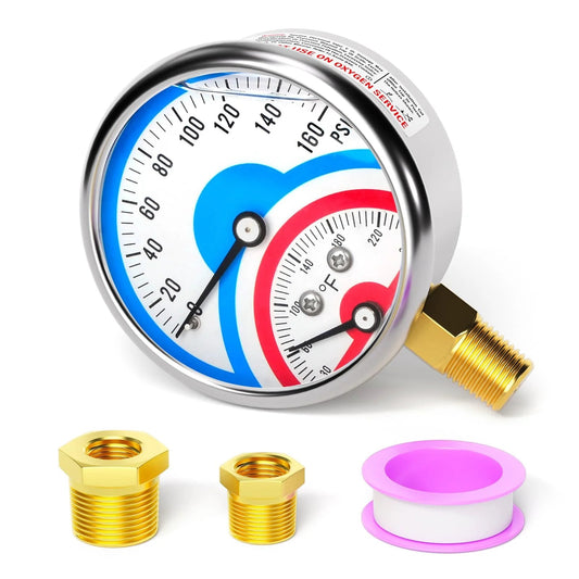 Pro Grade Stainless Steel Thermal Pressure Gauge 0 To 160 Psi With 2.5 Inch Dial Lower Mount One Quarter Inch NPT, bushings visible