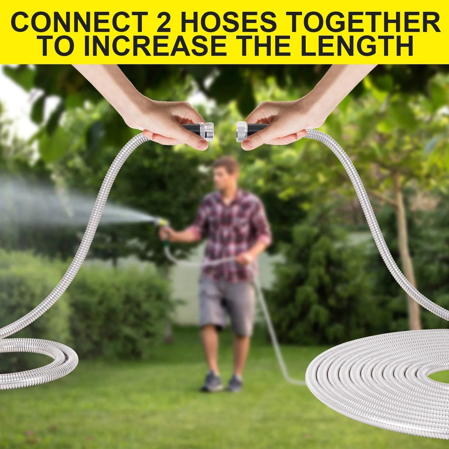 Heavy Duty 25 Ft Stainless Steel Water Hose With Two Nozzles, Lightweight Metal Garden Hose That Won't Tangle Or Kink, connected in use