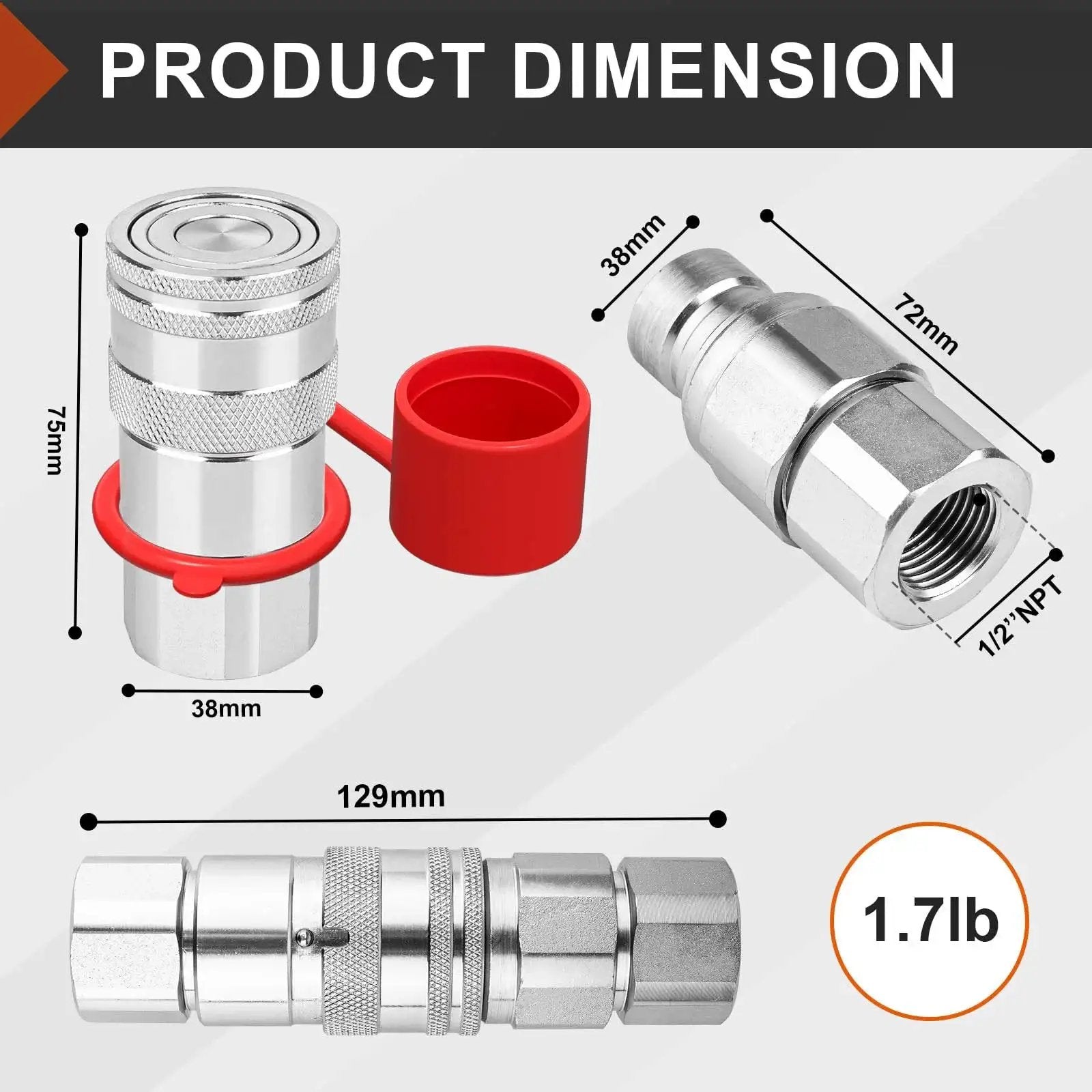 Product dimensions of Flat Face Half Inch NPT Skid Steer Hydraulic Quick Couplers ISO16028 with 2 dust covers illustrated.