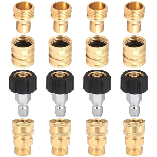 16 Pack Pressure Washer Quick Connect Fittings Kit With M22 To 3/8 And 1/2 Quick Connect Adapters, 3/4 Inch Swivel Female Male, Brass And Plastic Washers, Universal Garden Hose Quick Disconnect Set