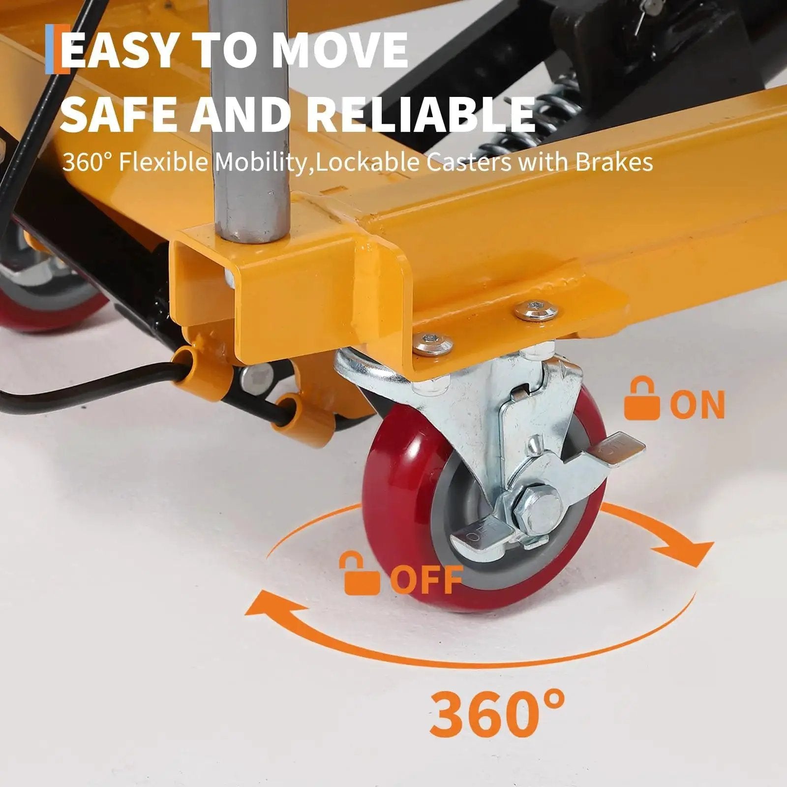 Close-up of caster wheel with brake on Hydraulic Lift Table Cart 330 Lb Capacity 50 Inch Lift Manual Scissor 4 Wheels