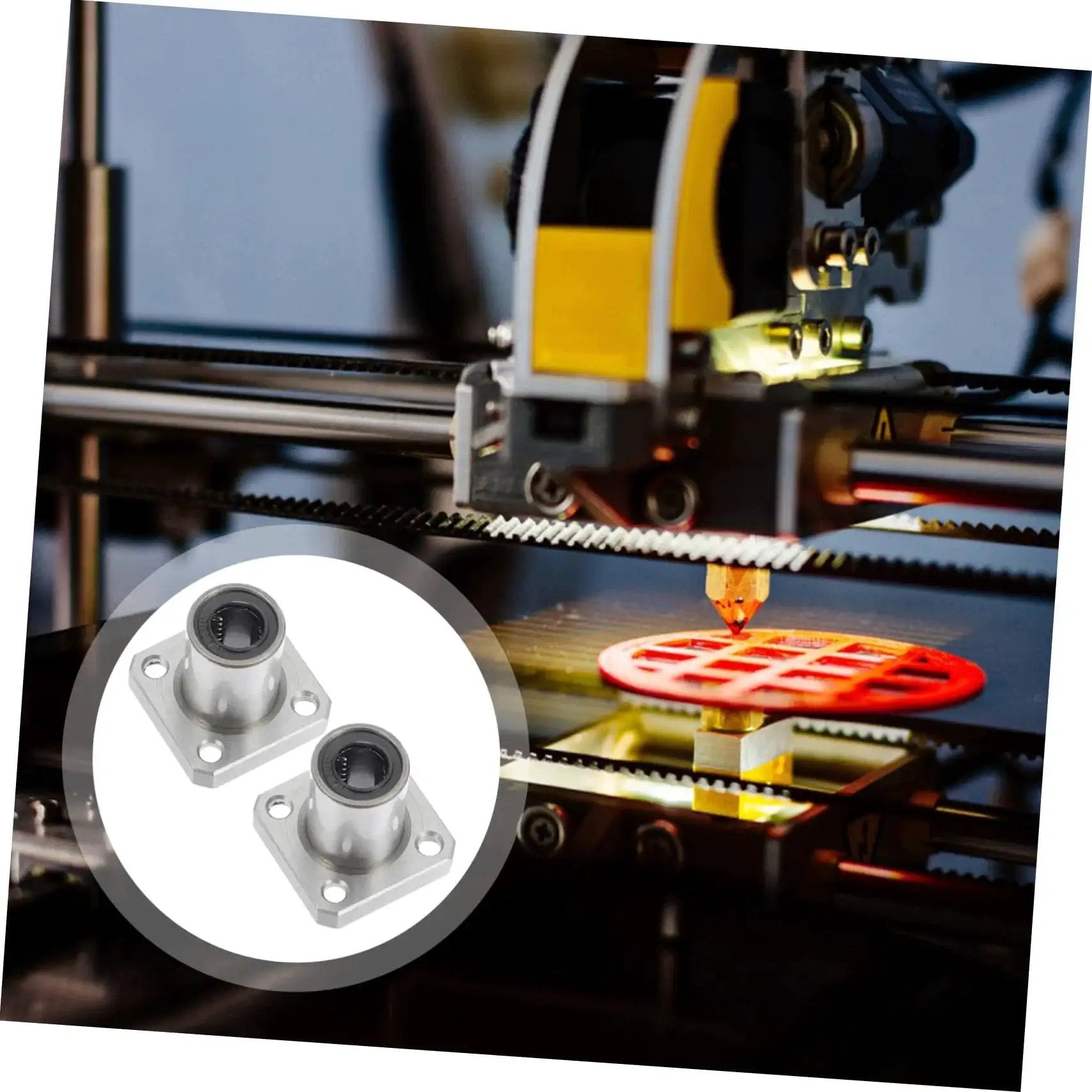 Two Pack Flange Linear Bearings for 3D Printers alongside a 3D printer in operation, showcasing steel circular design for precise motion.
