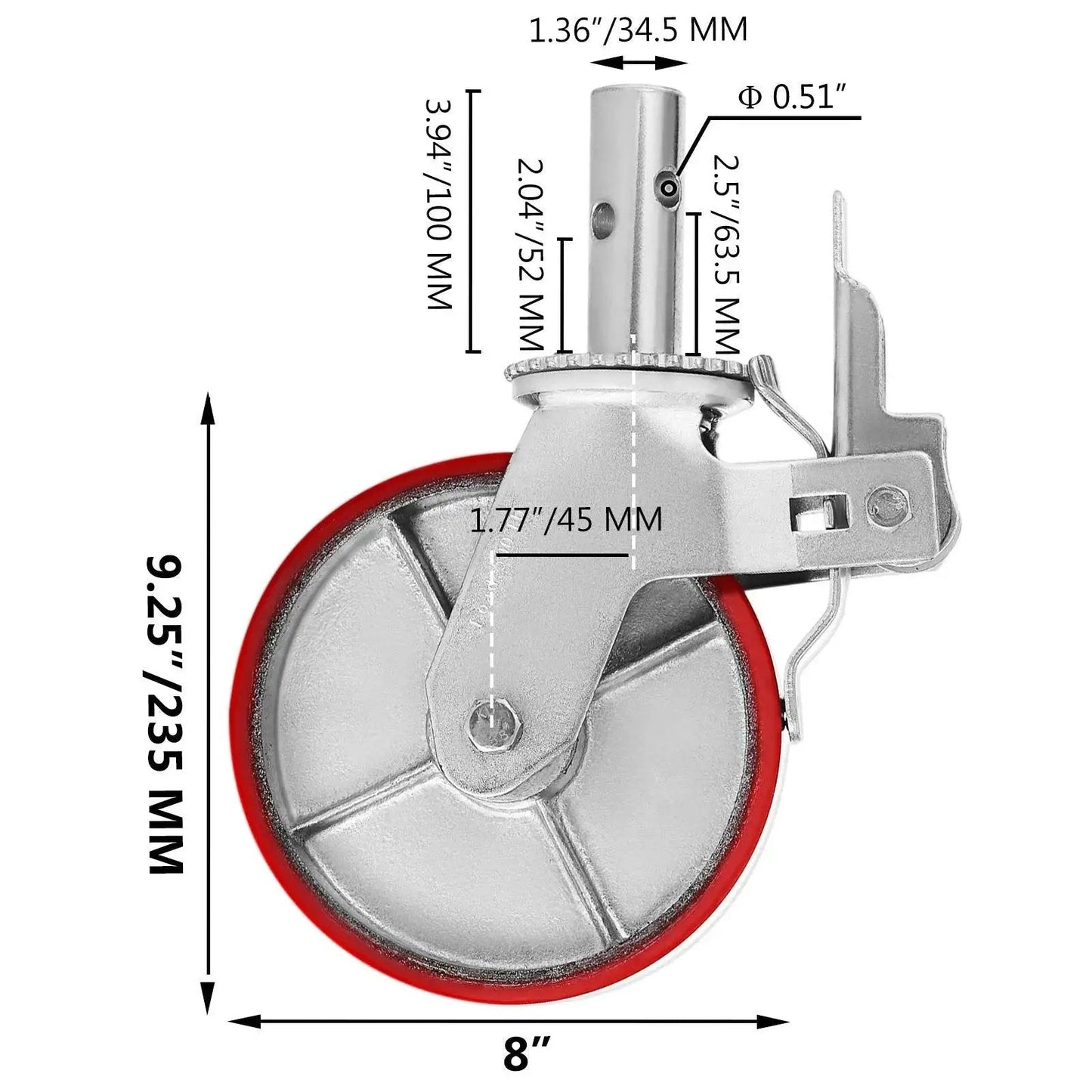 Heavy Duty 8 Inch Scaffolding Casters Set, 4 Pack With Locking Stem Brakes, Each Wheel 1100 Lbs Capacity, Total 4400 Lbs, Polyurethane Wheels For Scaffold, Shelves, And Workbenches shown in side view with measurements.