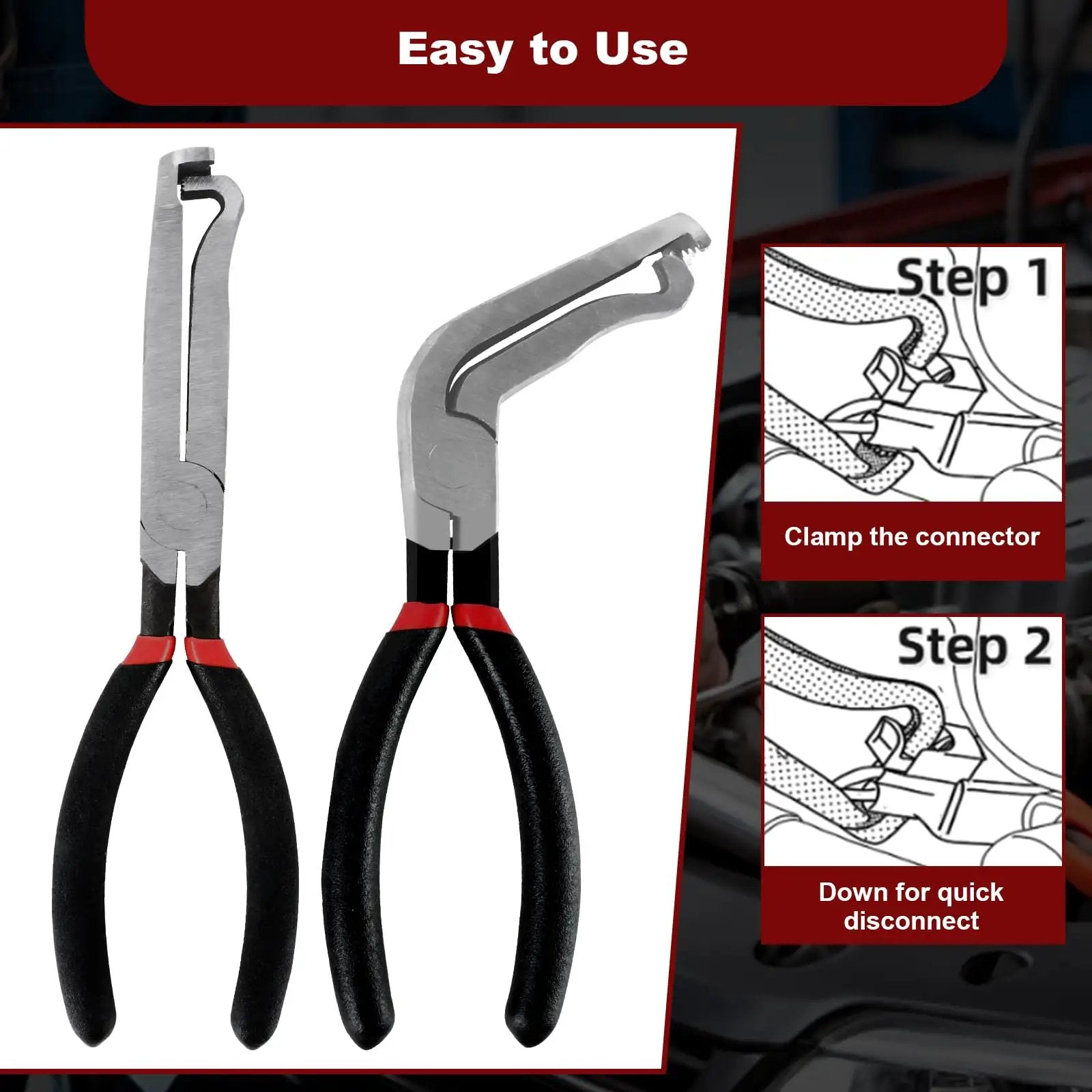 4 Piece Automotive Electrical Disconnect Pliers Set 37960 Straight 37980 60 Degree 13120 Dual Head Carbon Steel Fuel Line Disconnect Tools for Cars Mechanics and DIYers showing two pliers with rubber grips.