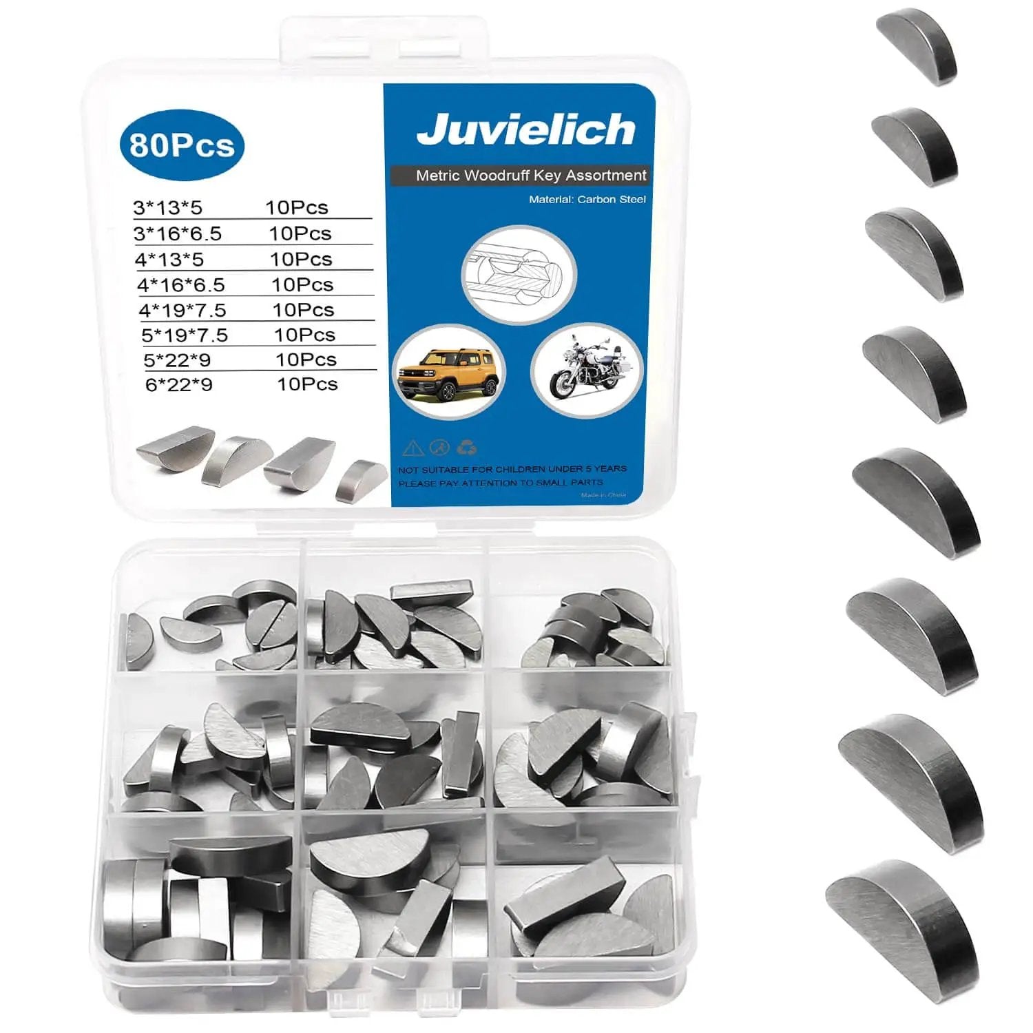 80 Piece Woodruff Key Set Metric Carbon Steel Semicircle Half Moon Keys For Keyways And Flywheels Includes 8 Sizes With 10 Pieces Each Built For Auto And Industrial Gearheads