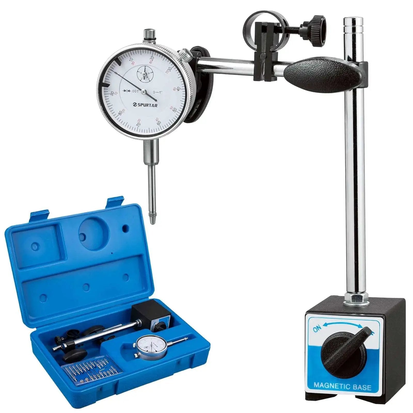 Dial Indicator With Magnetic Base For Precision Alignment And Measurement 0 To 1 Inch Range, 0.001 Inch Resolution, includes case and accessories