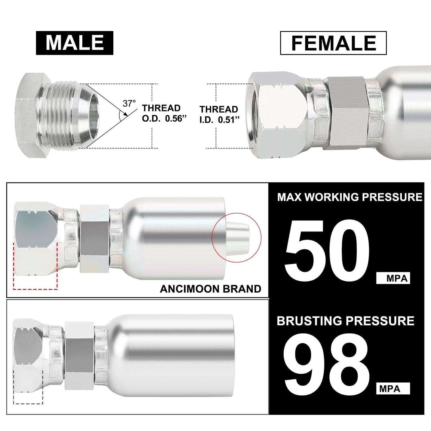 Three Eighths Hydraulic Hose Fittings Set With Three Eighths Inch Female JIC 37 Degree Swivel Crimp Fittings Ten Piece