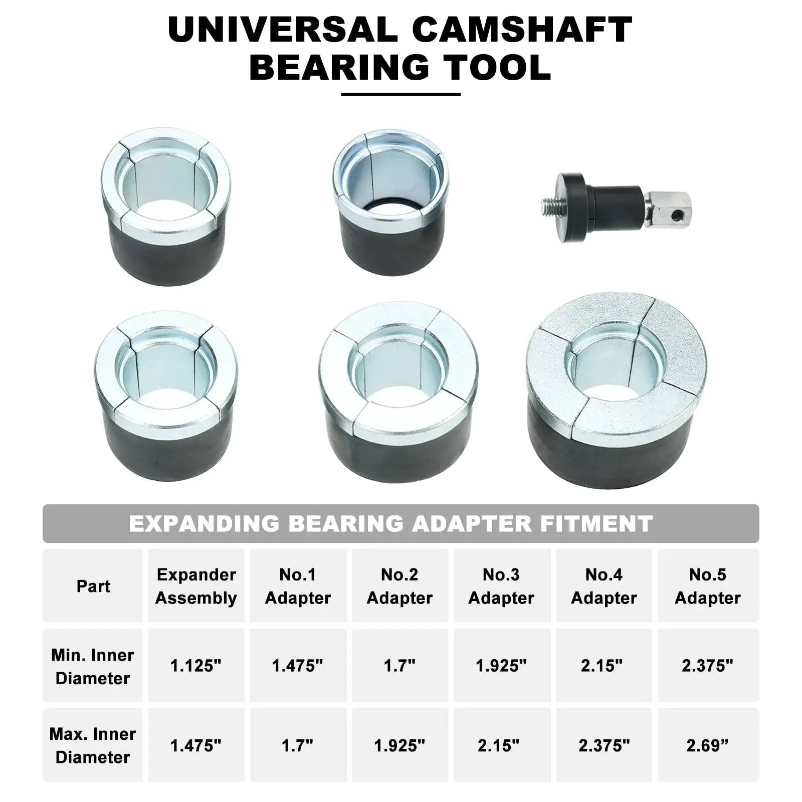 Universal Cam Bearing Removal and Installation Tool Set for Camshaft Bearings 1.125 to 2.690 Inches with adapters displayed.