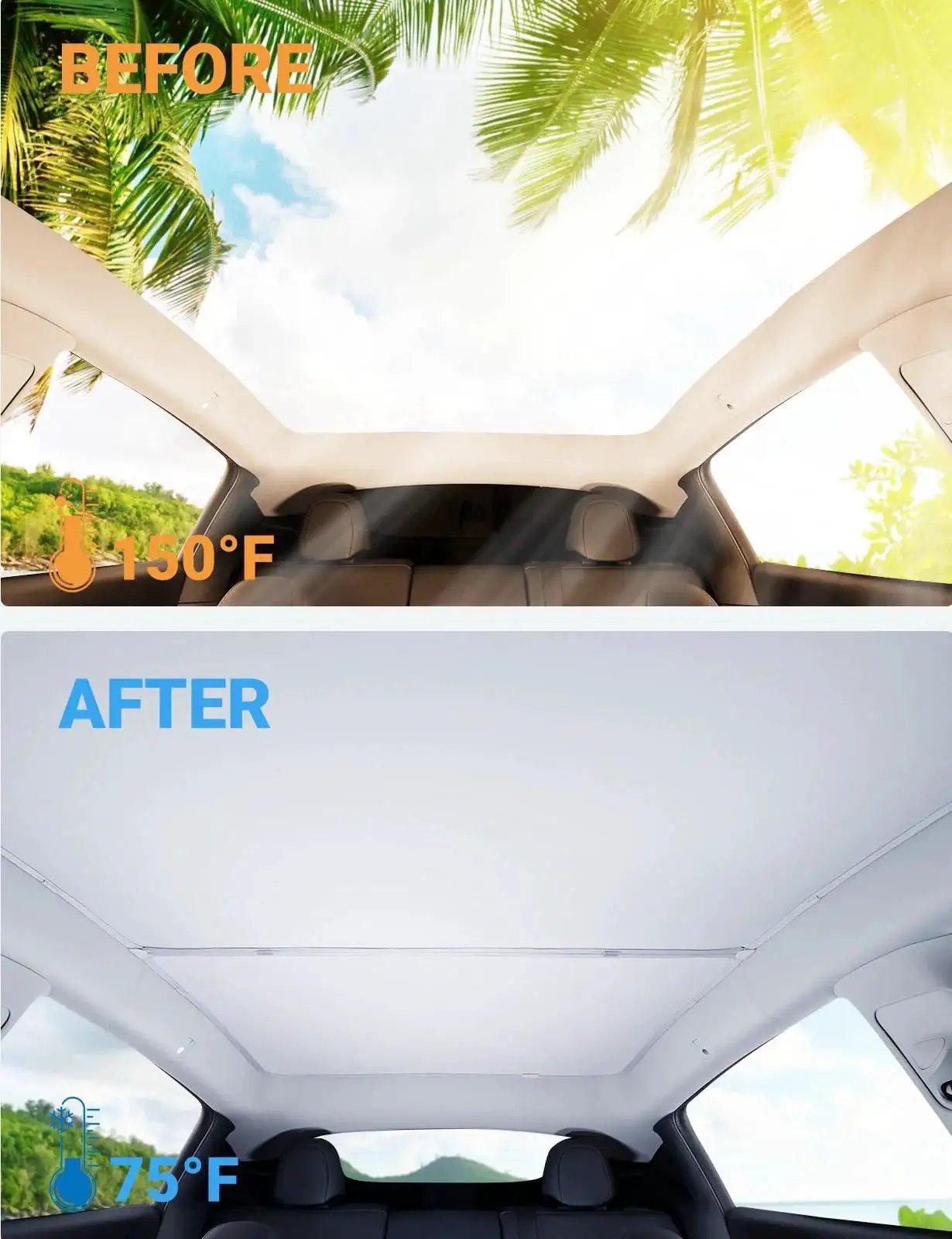 Before and after installation of Tesla Model Y Glass Roof Sunshade With Nano Ice Coating No Gap No Sag showing temperature difference.