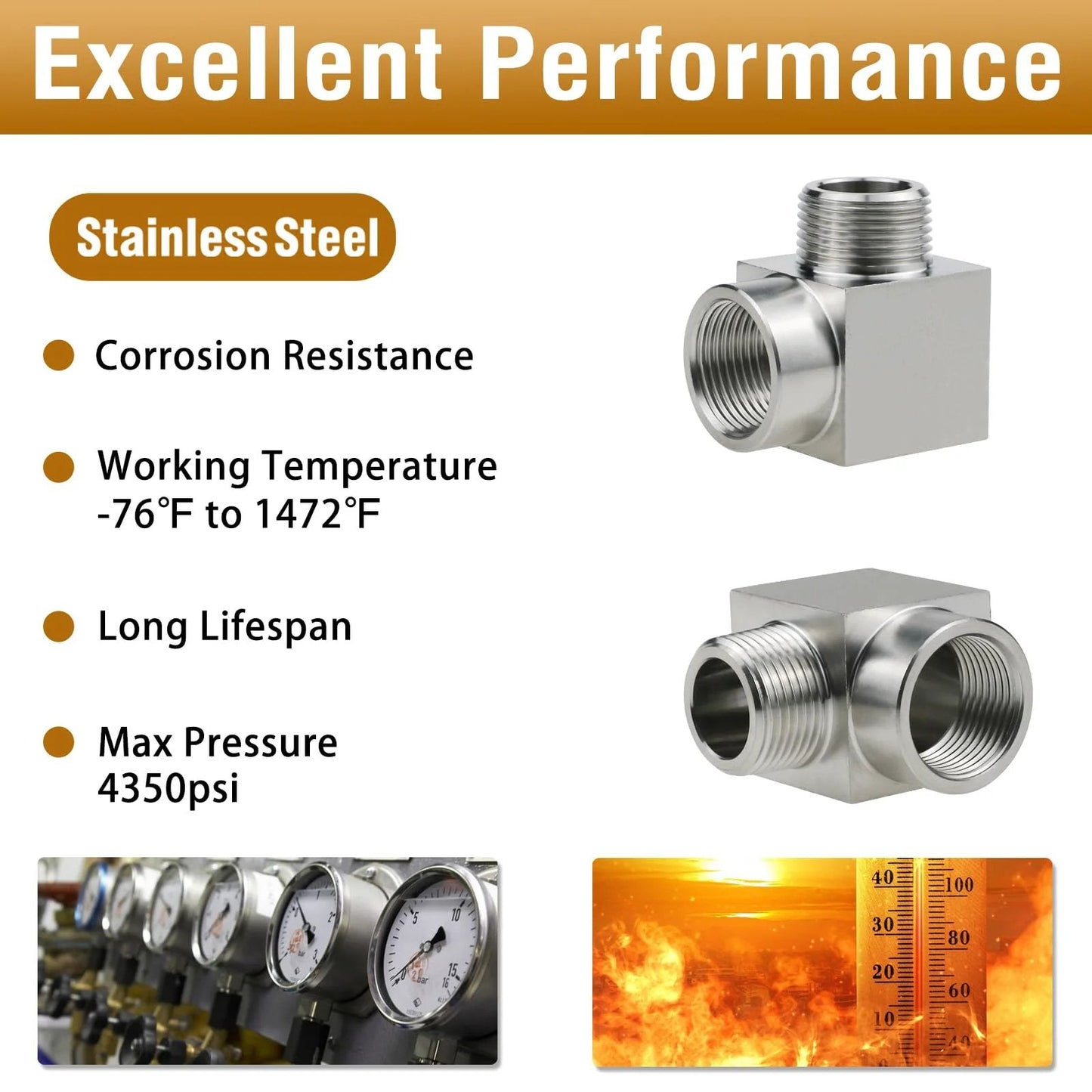 90 Degree NPT Elbow Pipe Fitting Three Eighths Male To Three Eighths Female Forged Stainless Steel Street Elbow Heavy Duty High Pressure Hose Fitting For Pressure Gauge 4350 Psi One Piece Napredak with corrosion resistance and high temperature tolerance.