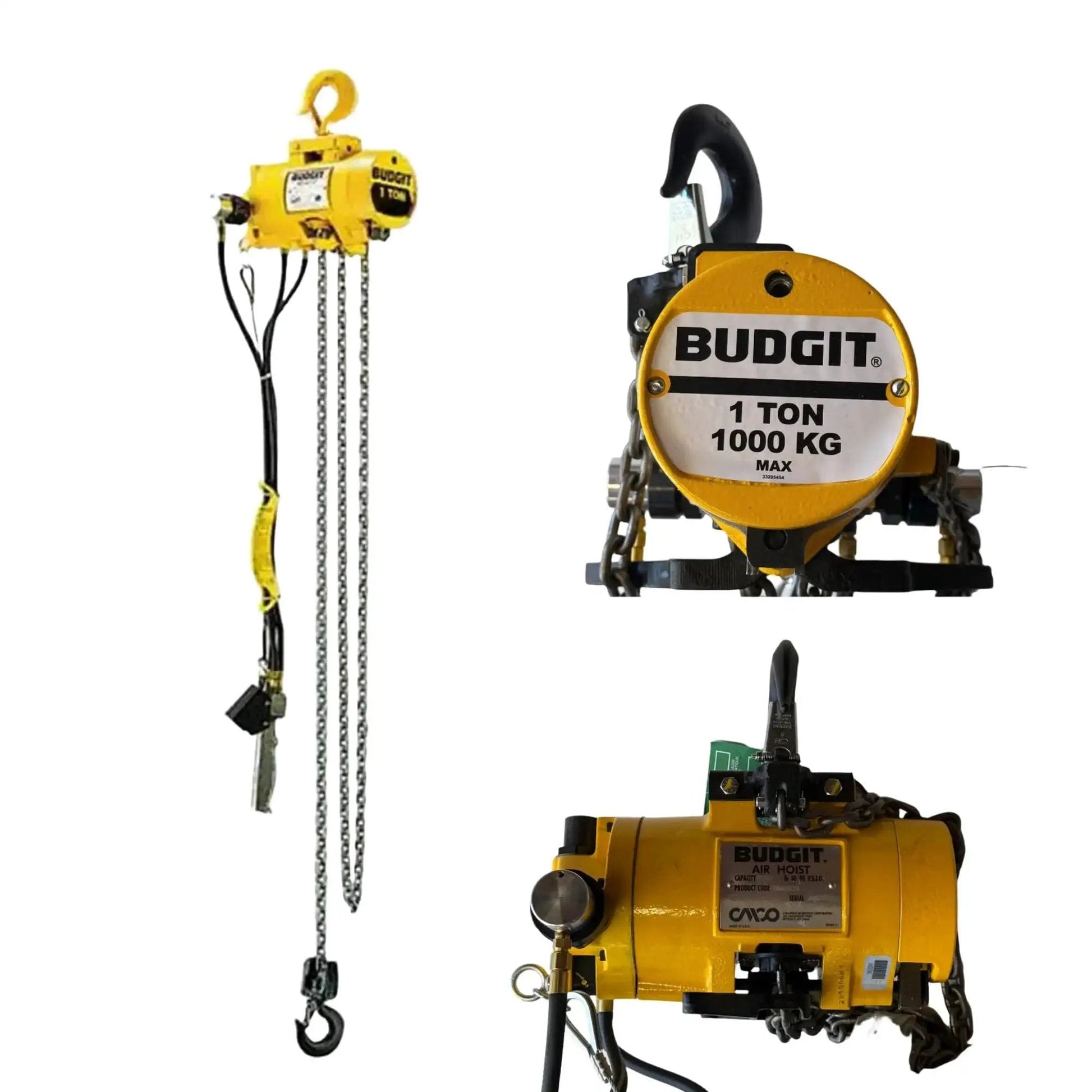 1 Ton Pneumatic Chain Hoist With 20 Ft Lift And Pendant Control, front and side views showing chain and pendant, industrial use