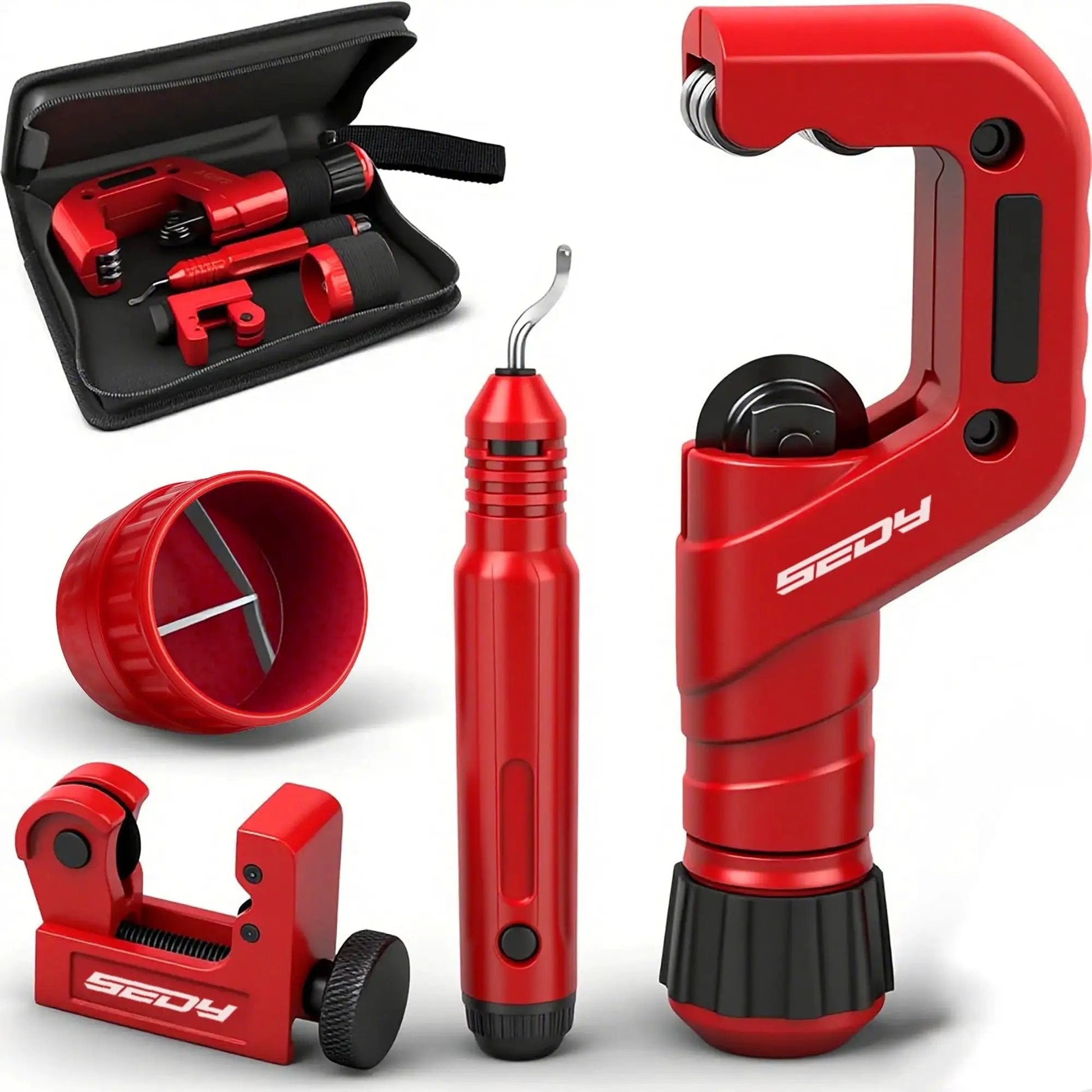 Heavy Duty Tube Cutter Set With Six Bearing System And Deburring Tool For Copper, Aluminum, And PVC Pipes 3/16 To 2 Inch OD Cutter Mini 1/8 To 7/8 Inch Tube Cutter Precision Cutting For Pros shown in red color with carrying case