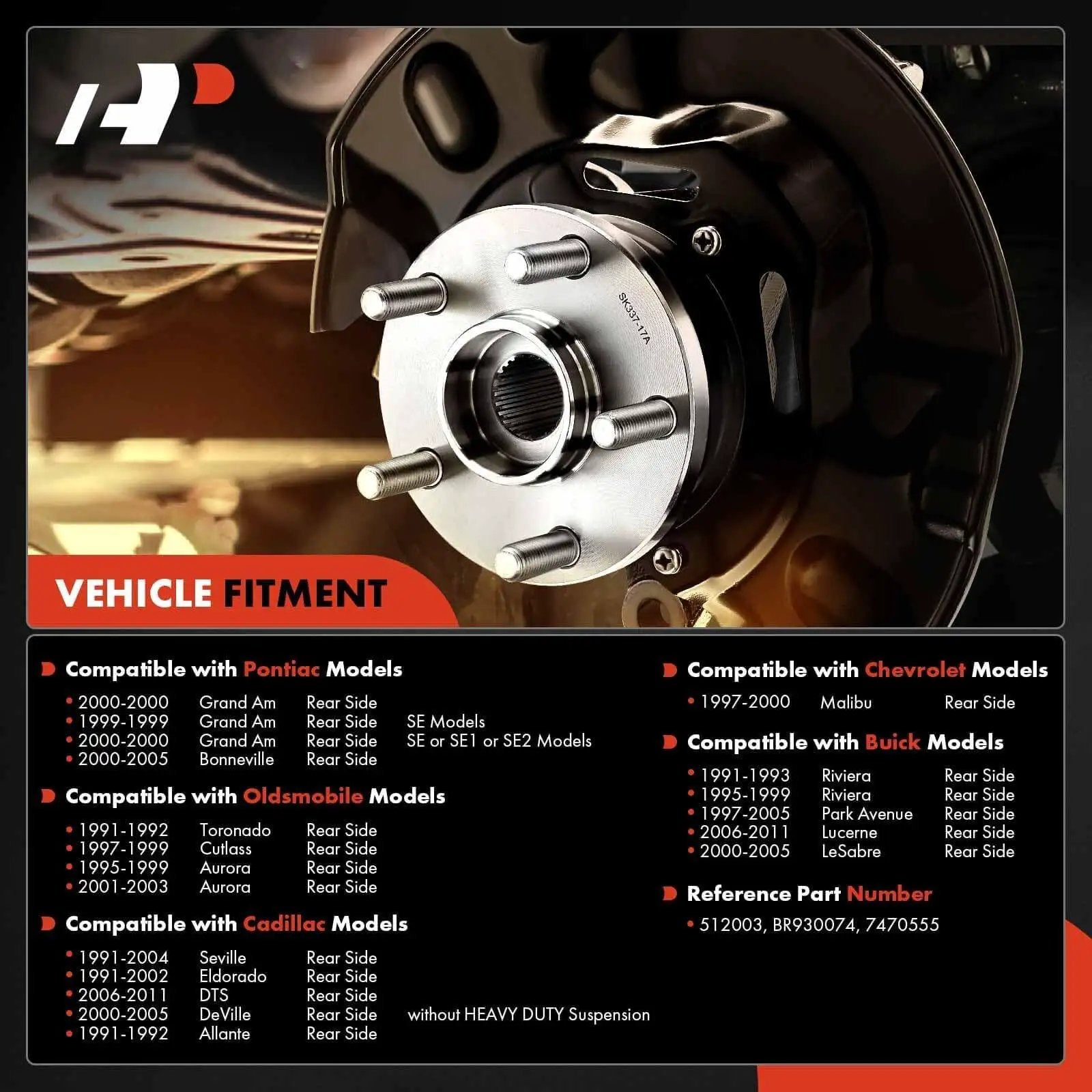 Infographic of Rear Wheel Hub Bearing Assembly with ABS, 5-Lug Rear Left/Right, compatibility details for Pontiac, Chevrolet, Buick models