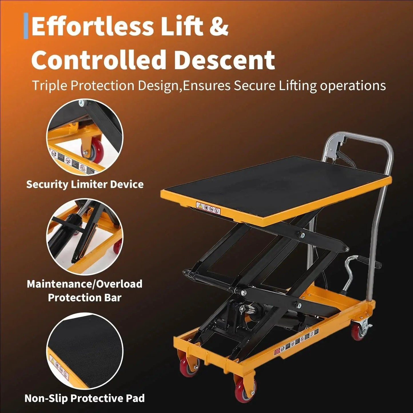 Hydraulic Lift Table Cart 330 Lb Capacity 50 Inch Lift Manual Scissor 4 Wheels with anti-slip pad and safety features