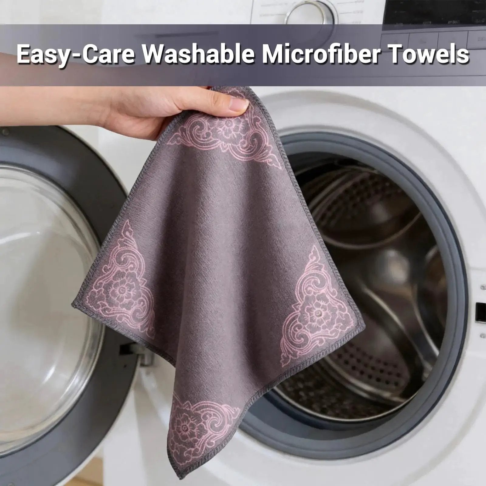 Person holding 12 Pack Microfiber Cleaning Cloths For Cars And Home Ultra Absorbent Towels in front of washing machine
