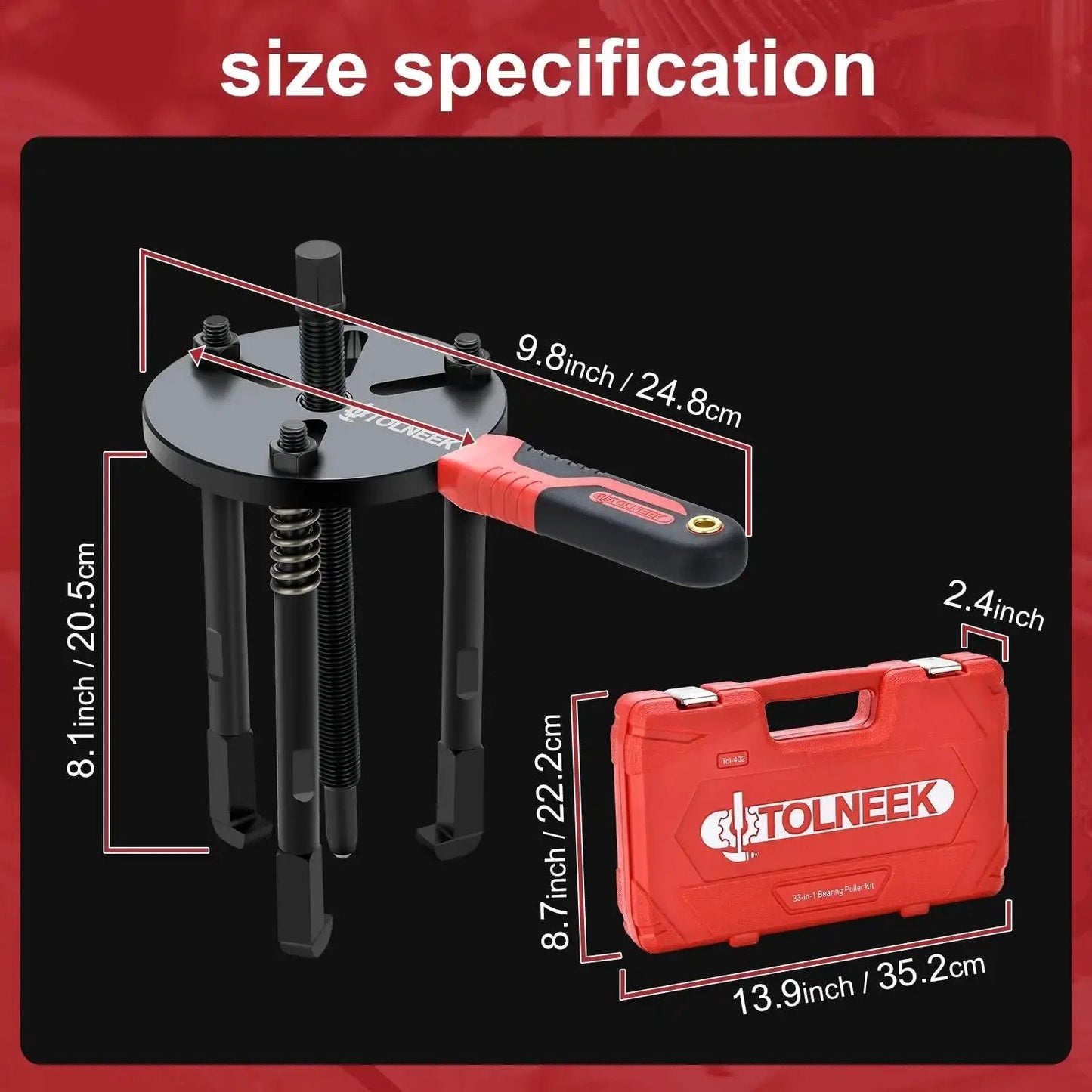 33-In-1 Bearing Puller Kit Upgraded Heavy-Duty Wheel Bearing Removal Tool with red non-slip handle and portable case
