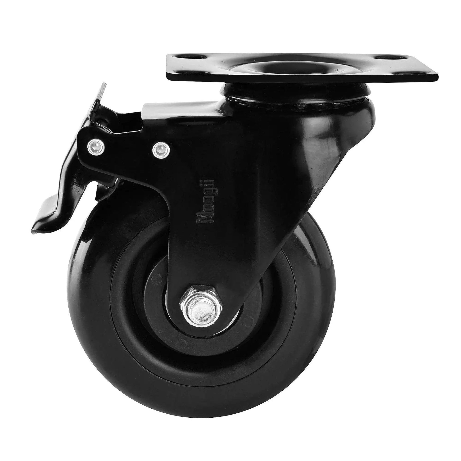 Side view of Beefy 3 Inch PVC Heavy Duty Swivel Caster Wheel with dual locking brake and rubber non-marking polyurethane wheel.