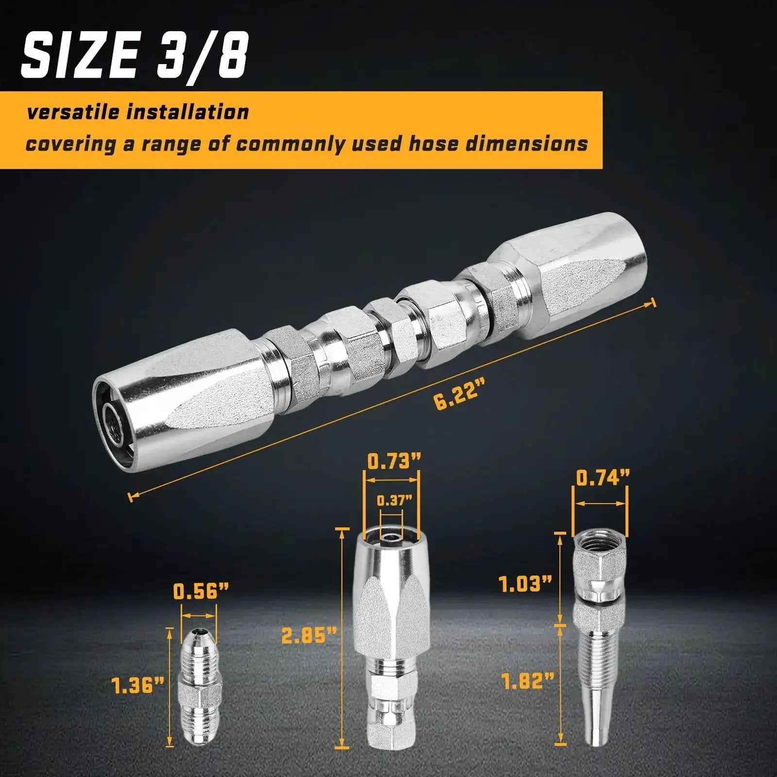 Professional Hydraulic Hose Field Repair Kit With 3 Reusable Fittings In 1/4, 3/8, And 1/2 Inch ID, 3/8 size fitting displayed