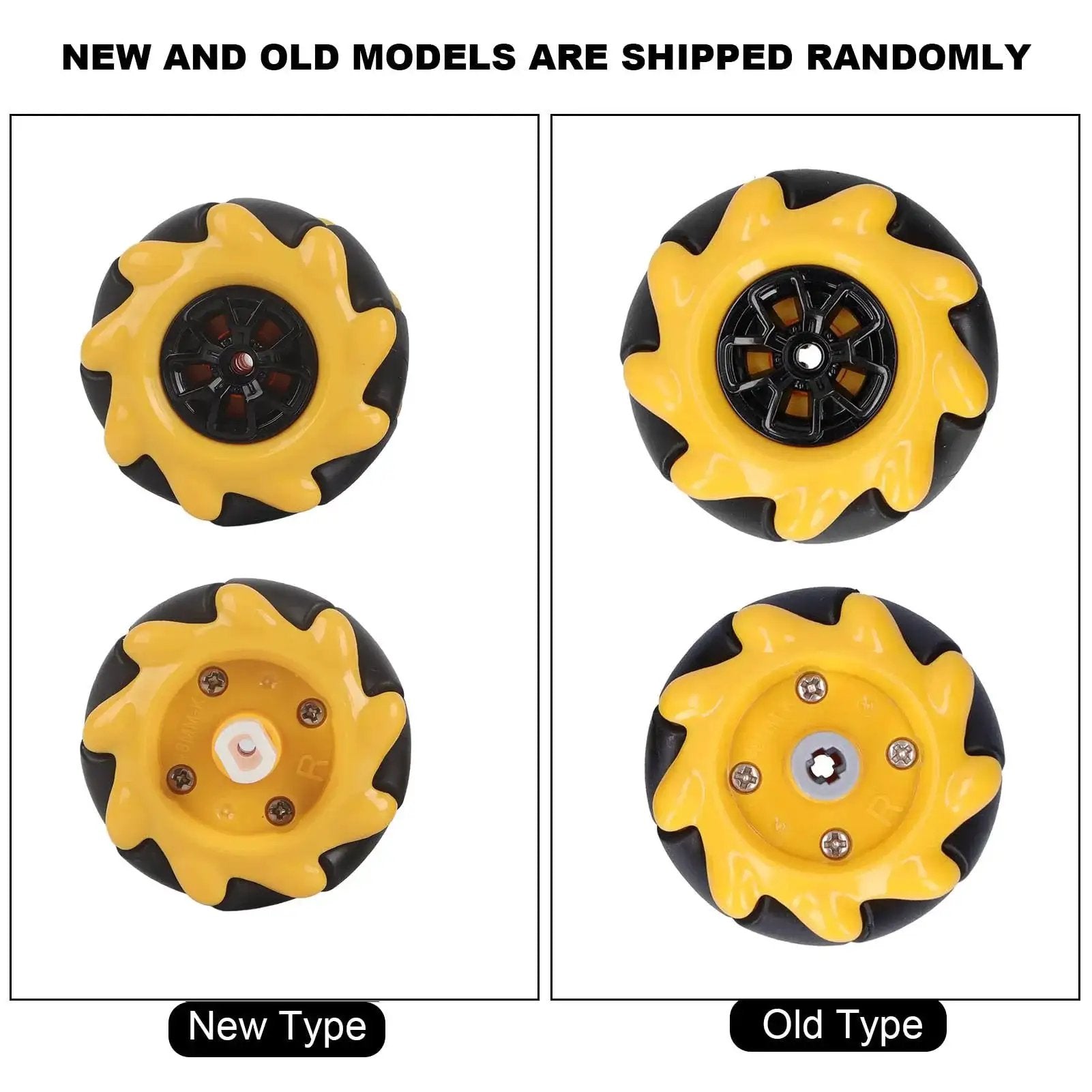 Yellow and black Dope Omni Directional Mecanum Wheels for DIY Robot Car, various models shown, rubber-coated, high precision drive.