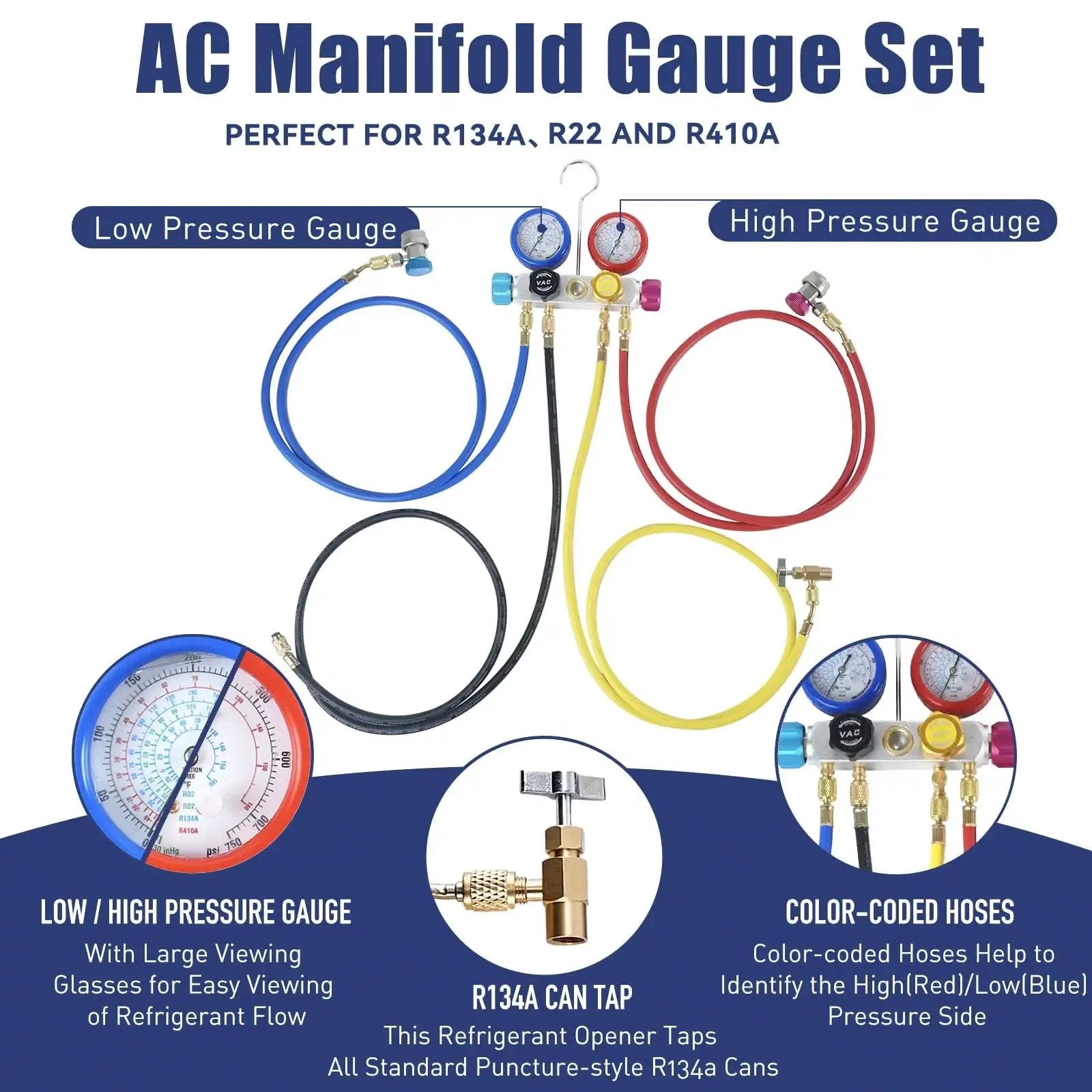 Efficient 4.5 CFM HVAC vacuum pump kit with a 4-way gauge and leak detector showing hoses, gauges, and can tap for R134a, R410a, and R22