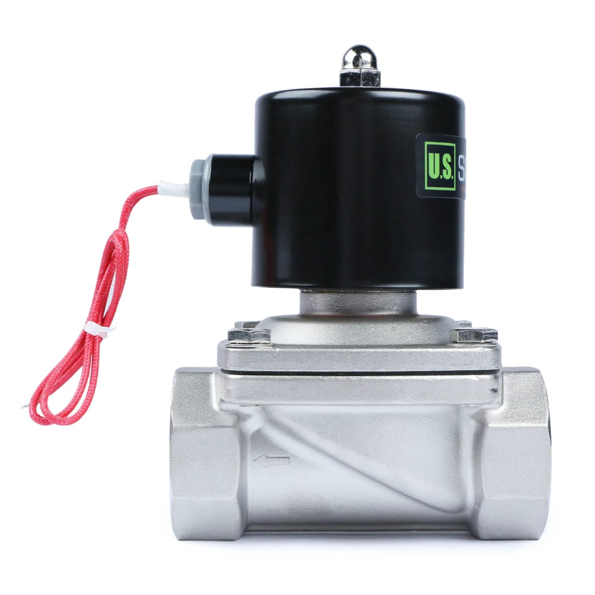 Front view of Stainless Steel One And One Half Inch 12V DC Solenoid Valve With Viton Seal Normally Closed Fast Actuation Under 1 Second For Gasoline Diesel Oils And Lubricants Durable Electric Valve For Industrial Equipment And Fluid Control