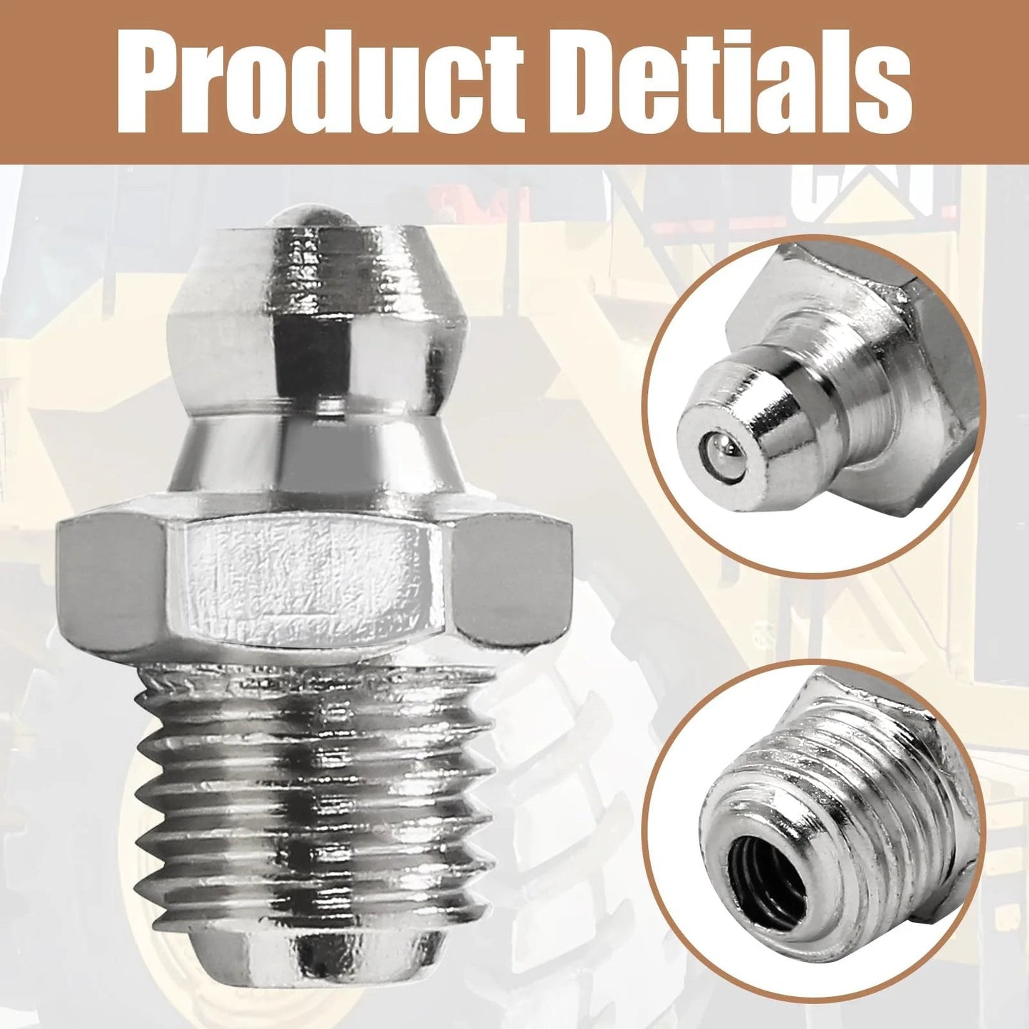 Close-up of 25 Piece Heavy Duty Grease Fittings Assortment Kit For Excavators 8mm By 1mm M8 Male Thread Straight Zerks
