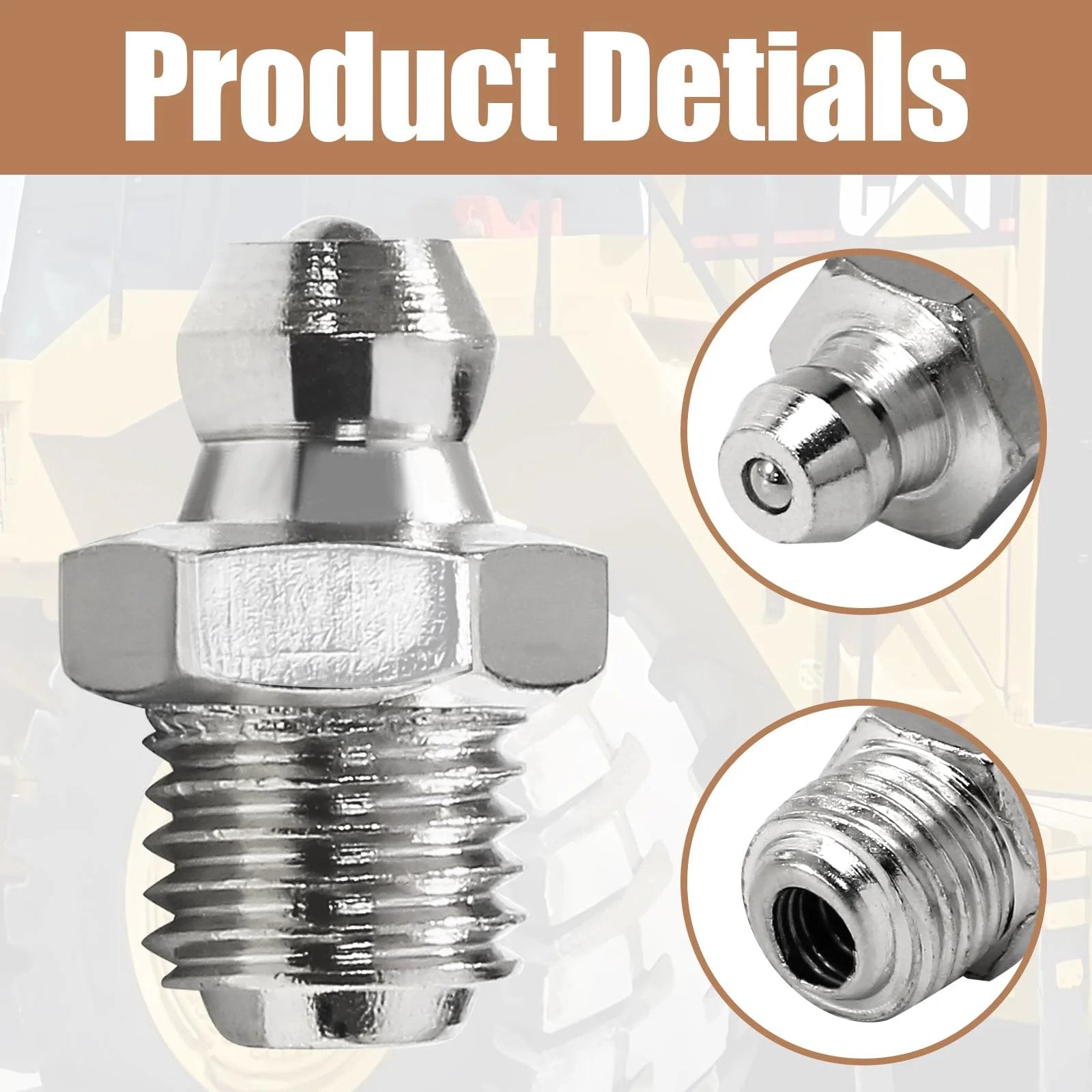 Close-up of 25 Piece Heavy Duty Grease Fittings Assortment Kit For Excavators 8mm By 1mm M8 Male Thread Straight Zerks