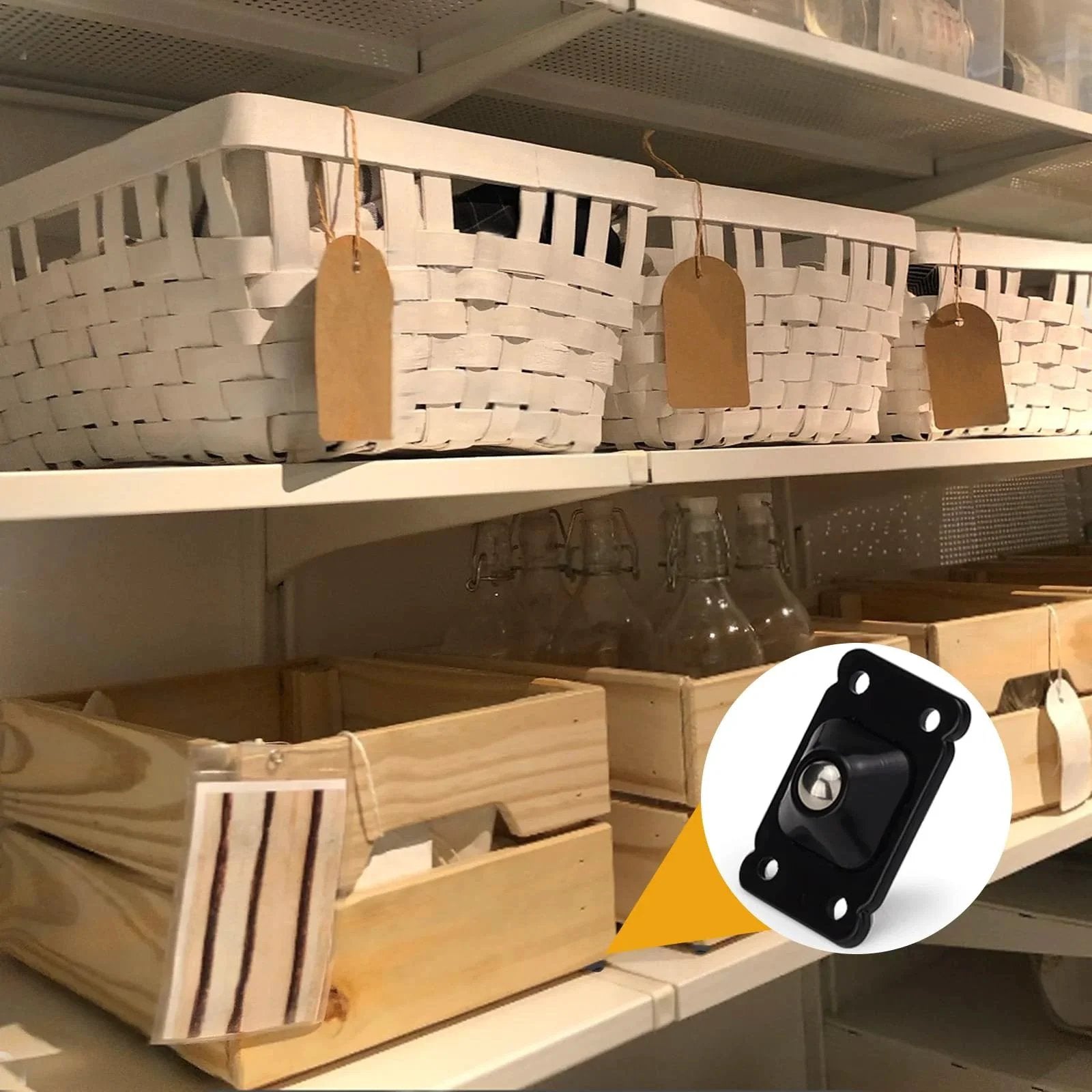 24 Pack Mini Self Adhesive Caster Wheels 1 Inch Stainless Steel Swivel Rollers Black, installed on storage boxes.