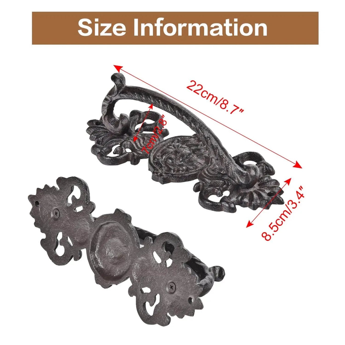 Solid Cast Iron Gate Handles Set 2 Pack Heavy Duty 8.7 Inch Long Barn Door Pulls For Fence Gate Garage Closet Cabinet And Sliding Doors Rustic Farmhouse Decor with size information