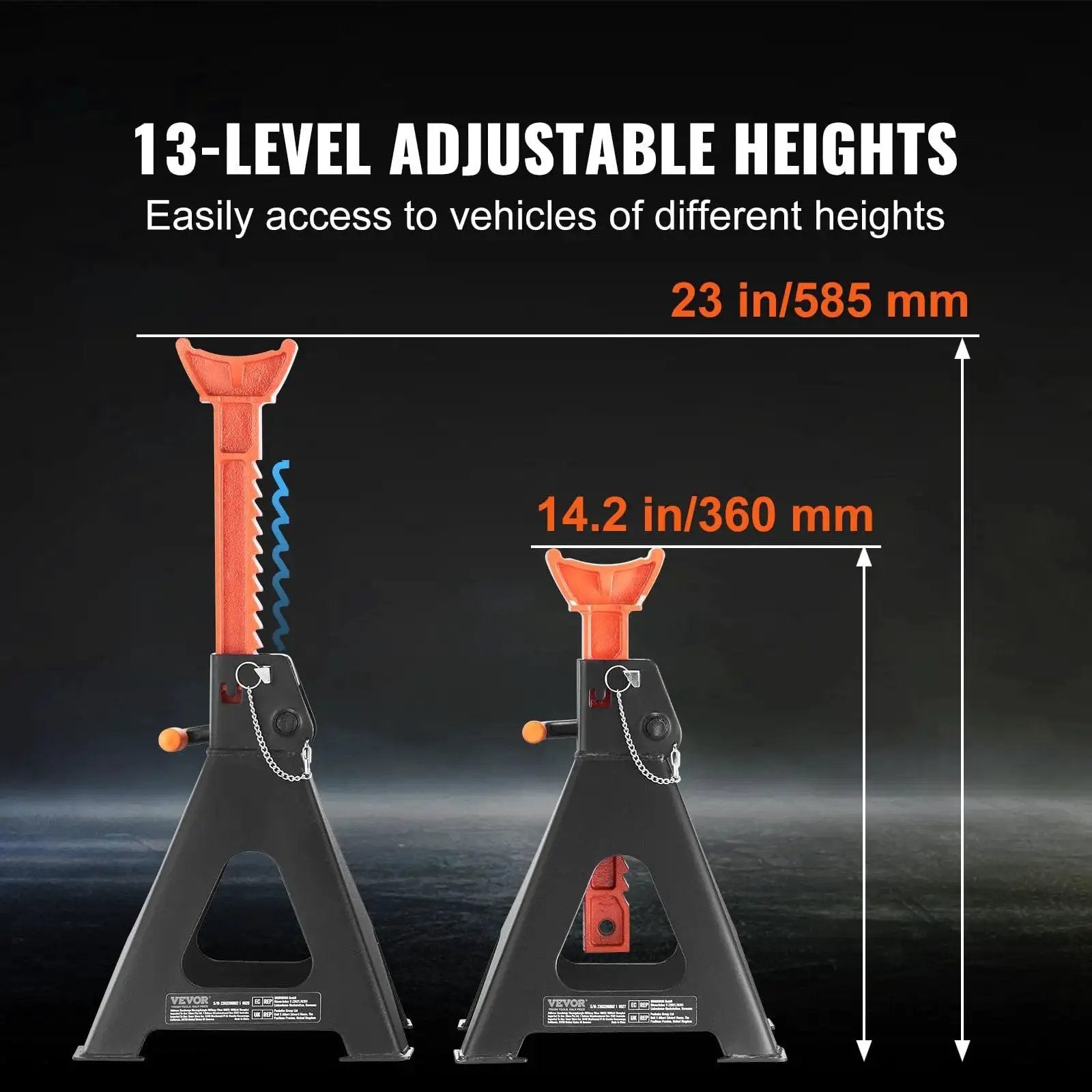 6 Ton Jack Stands With Double Locking Adjustable 14.2 To 23 Inches For SUV UTV, showing height range and locking mechanism
