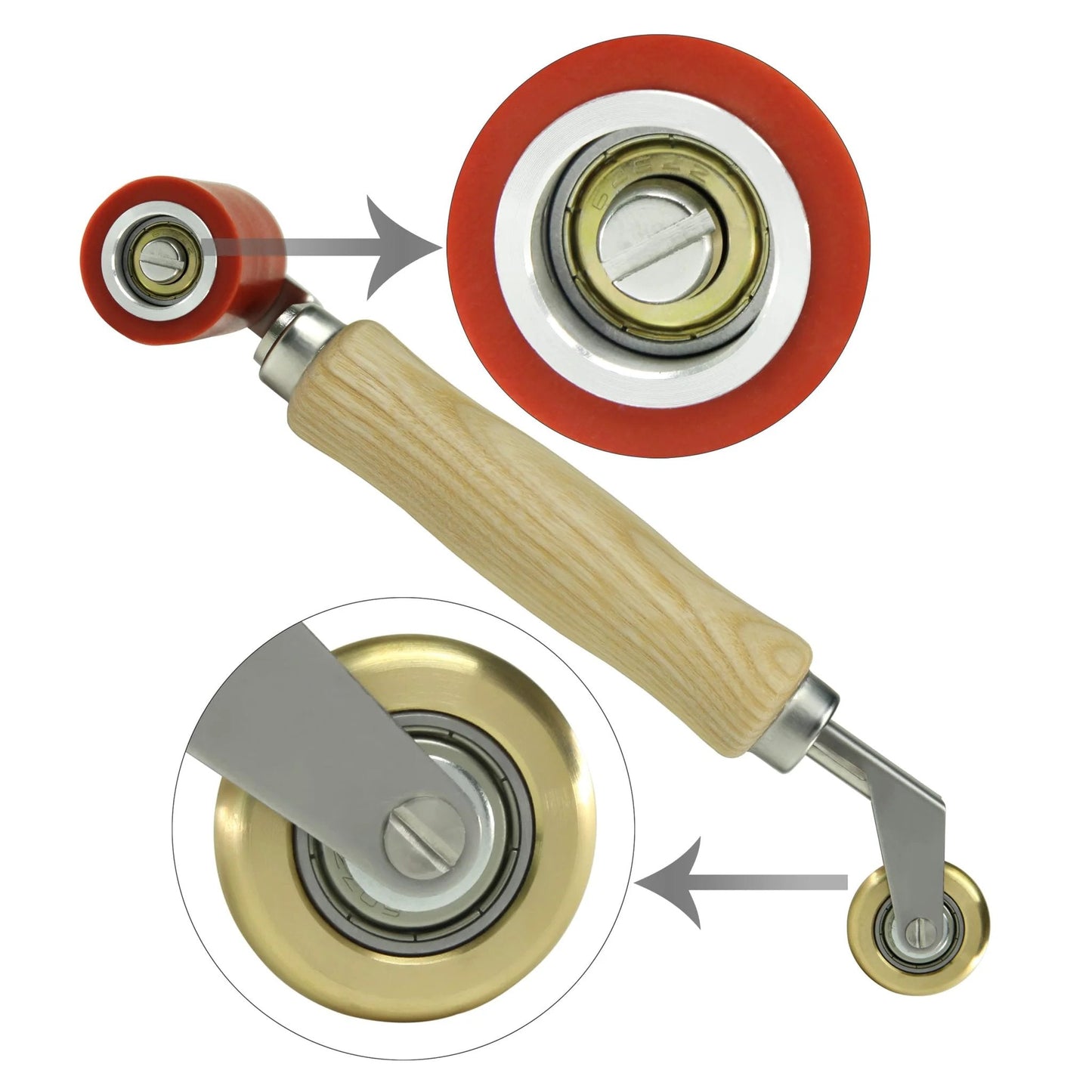 Pro Grade Welding Handheld Roller With 40mm Silicone Seam Roller And 6mm Brass Detail Penny Roller, wooden handle, tool view