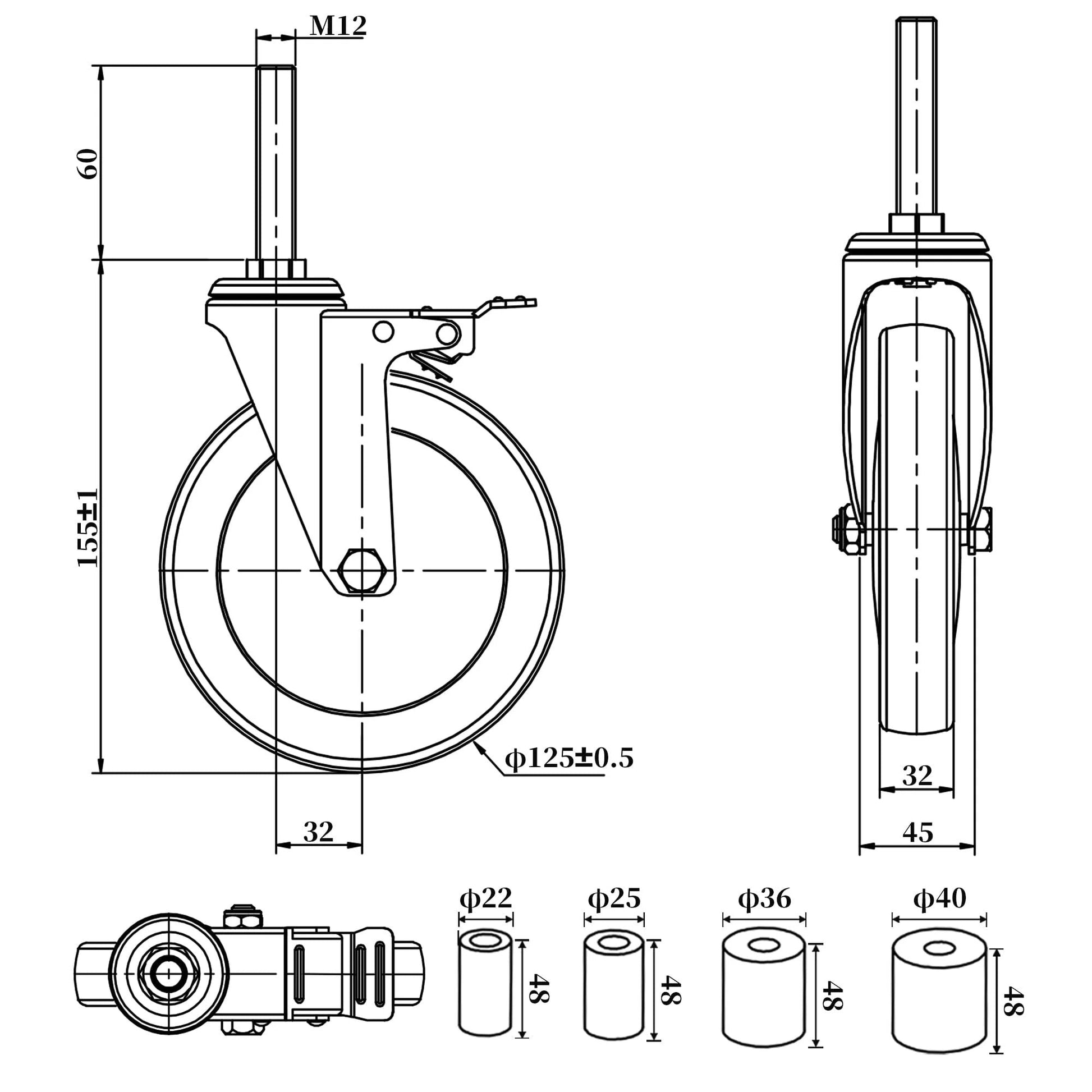 Technical drawing of a Five Inch Prep Table Casters Set Of 4 Heavy Duty Expanding Stem Wheel Casters with detailed dimensions.