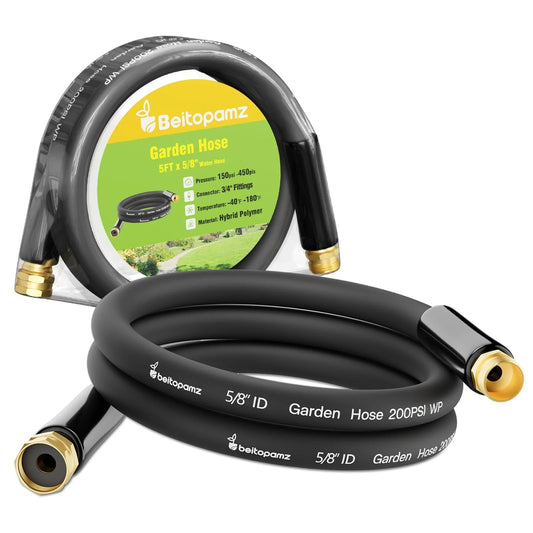 Heavy Duty Garden Hose Extender 5 Ft 5/8 In Male To Female Connector With 3/4 In Brass Fittings in packaging and coiled view