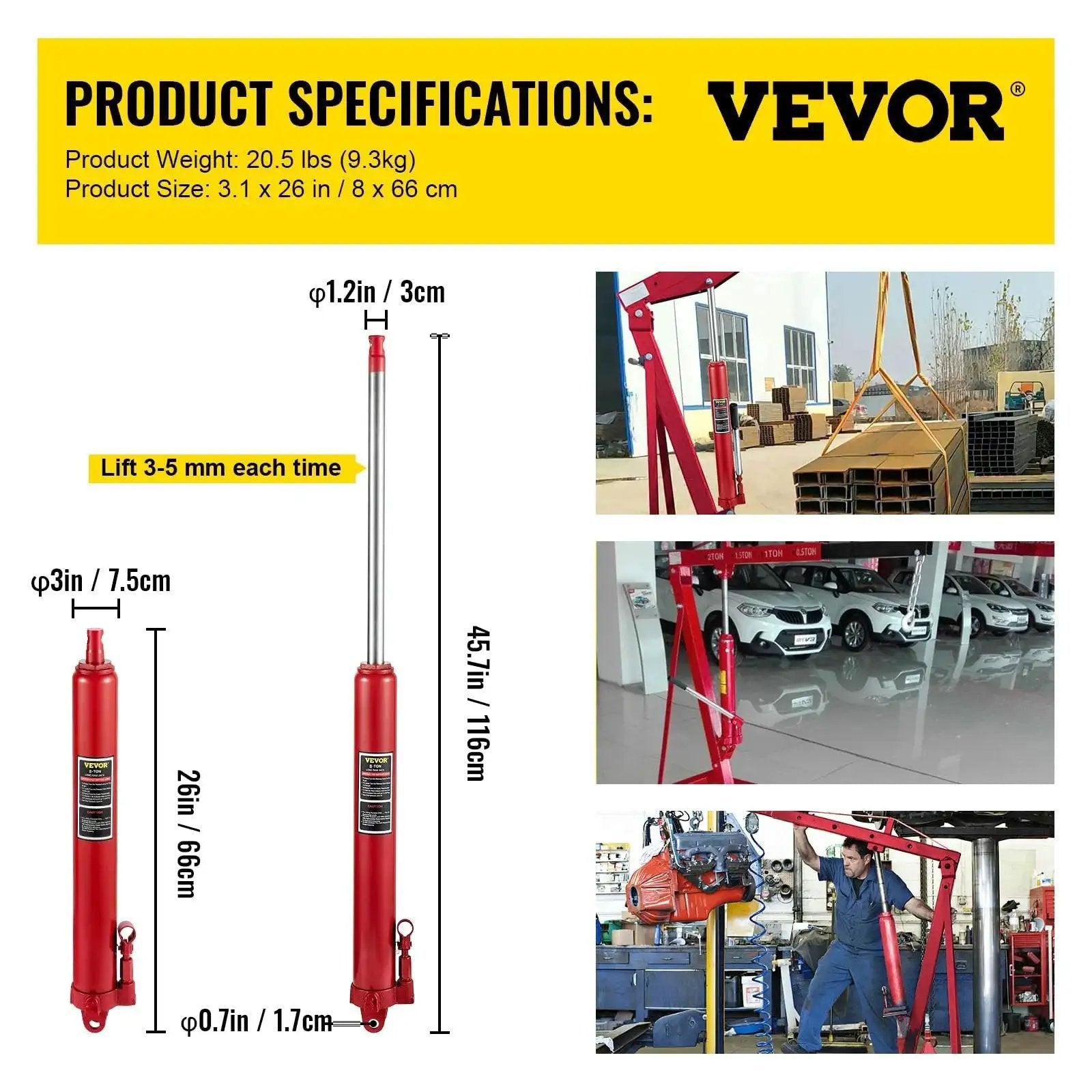 Product specifications and images of a red 8 Ton Hydraulic Long Ram Jack With Clevis Base For Engine Hoists And Cranes