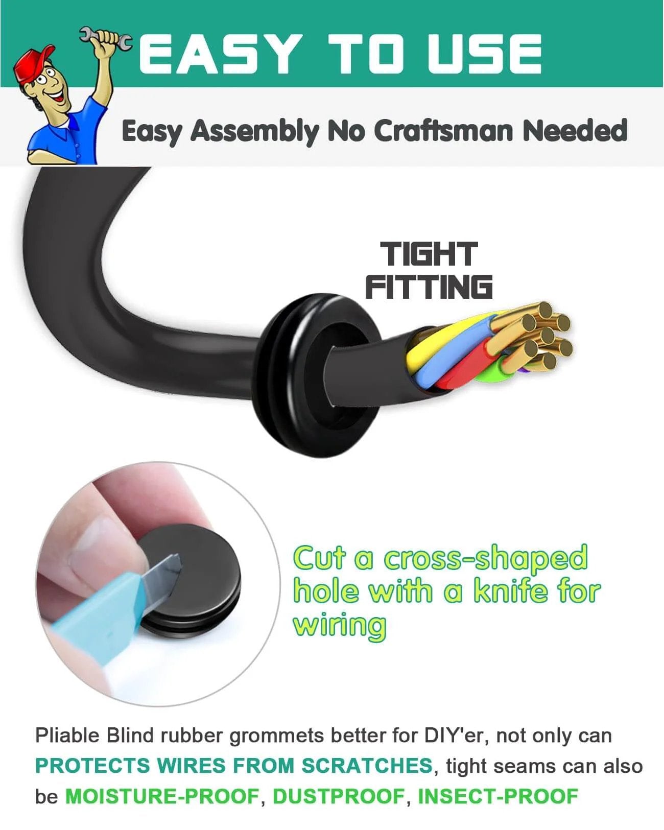 Rubber Grommet Kit 200 Pack With 7 Sizes For Firewall Holes And Cable Management shown for cable insertion through a tight-fitting grommet