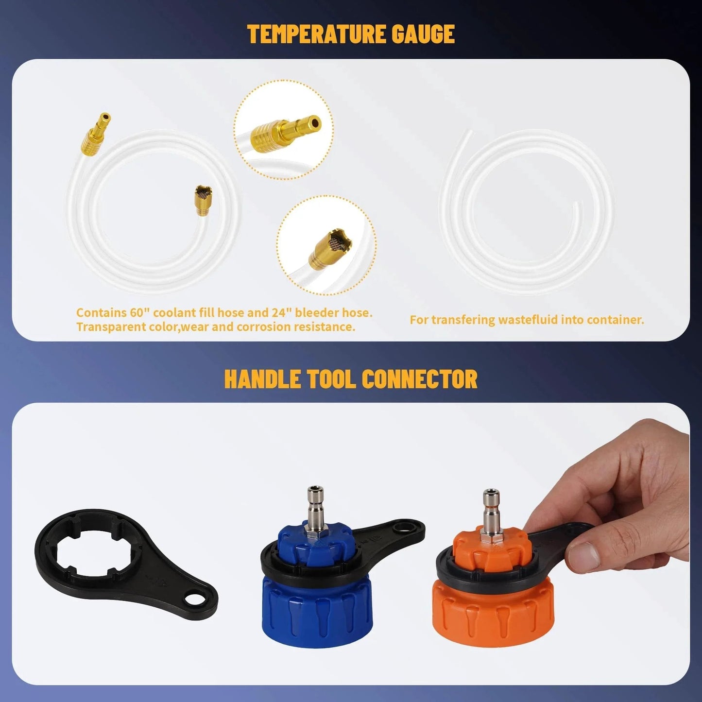 Universal 34PC Radiator Pressure Tester Kit with temperature gauge, hoses, and handle tool connector for automotive use.