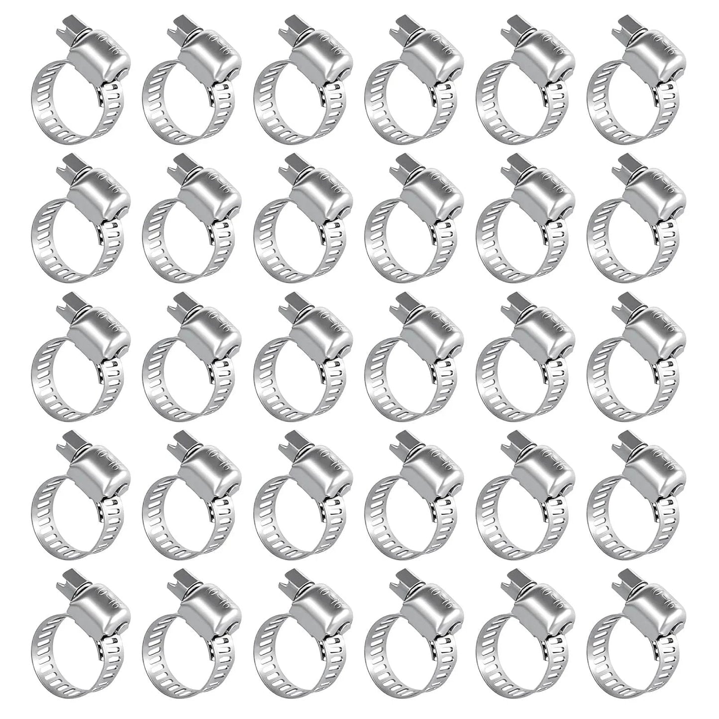 30 Pack 304 Stainless Steel Hose Clamp Set 3/8 To 5/8 Inch (10-16mm) Adjustable Worm Gear Fuel Line Clamps displayed in rows.