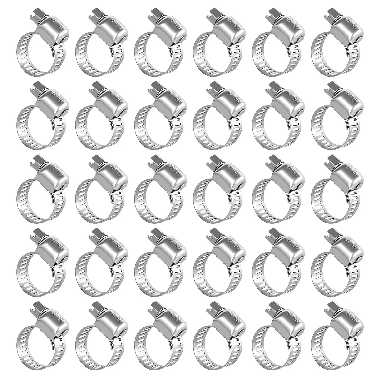 30 Pack 304 Stainless Steel Hose Clamp Set 3/8 To 5/8 Inch (10-16mm) Adjustable Worm Gear Fuel Line Clamps displayed in rows.