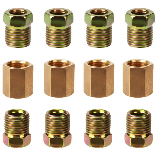 Brass Brake Line Fittings Kit for One Quarter Inch Tubing With Seven Sixteenths Inch Twenty Four Threads Twelve Piece Assortment