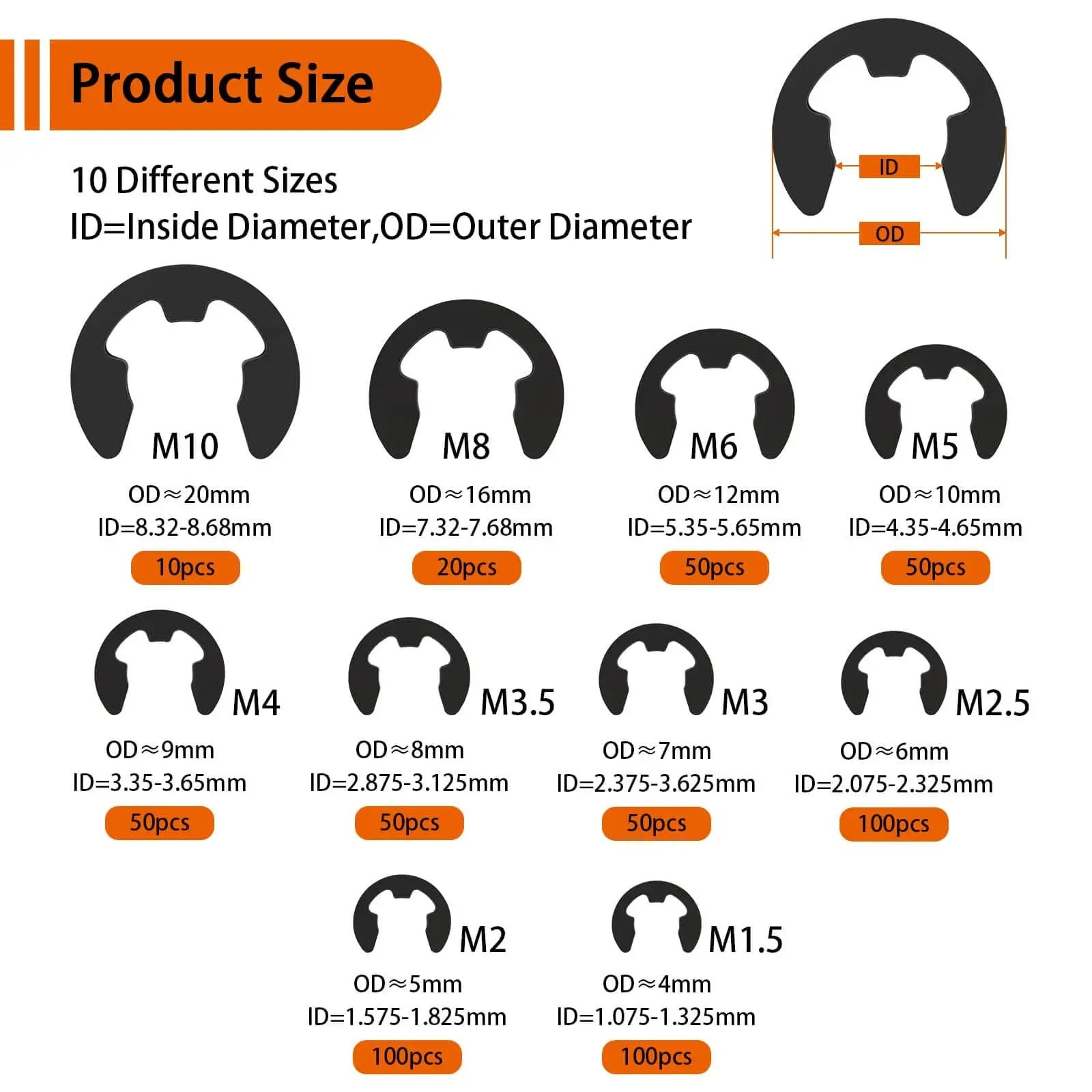 Diagram showing the 580 Piece Black Alloy Steel E Clip Set With 10 Size Assortment M1.5 To M10 for various applications.