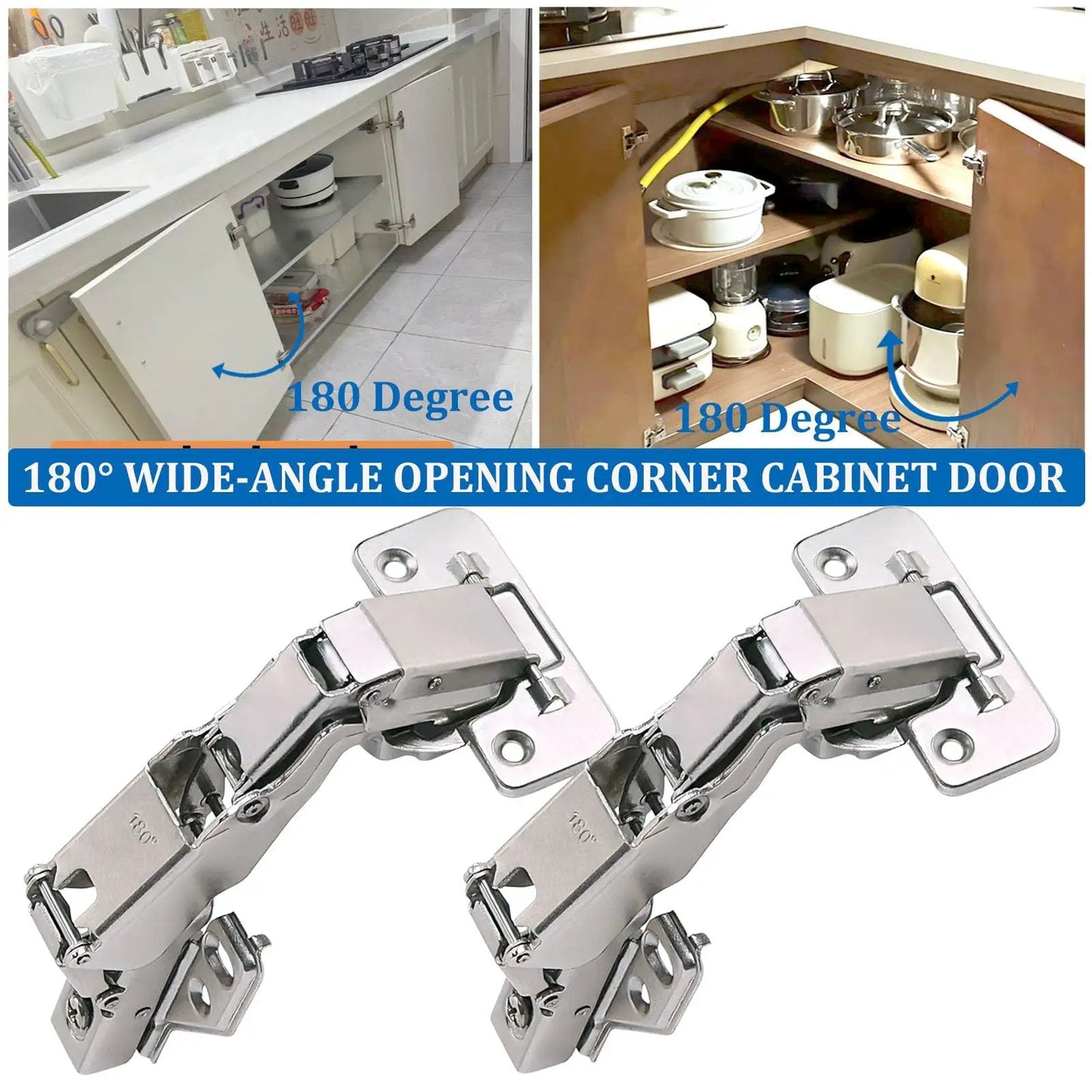 2 Pack 180 Degree Concealed Hydraulic Cabinet Hinges With 3D Adjustable Clip On Plates For Face Frame Kitchen Doors Soft Close And Silent Operation Full Overlay Durable Steel Construction Easy No Fuss Installation In Corner Cabinets And Pantry Storage, showing hinges and cabinet application