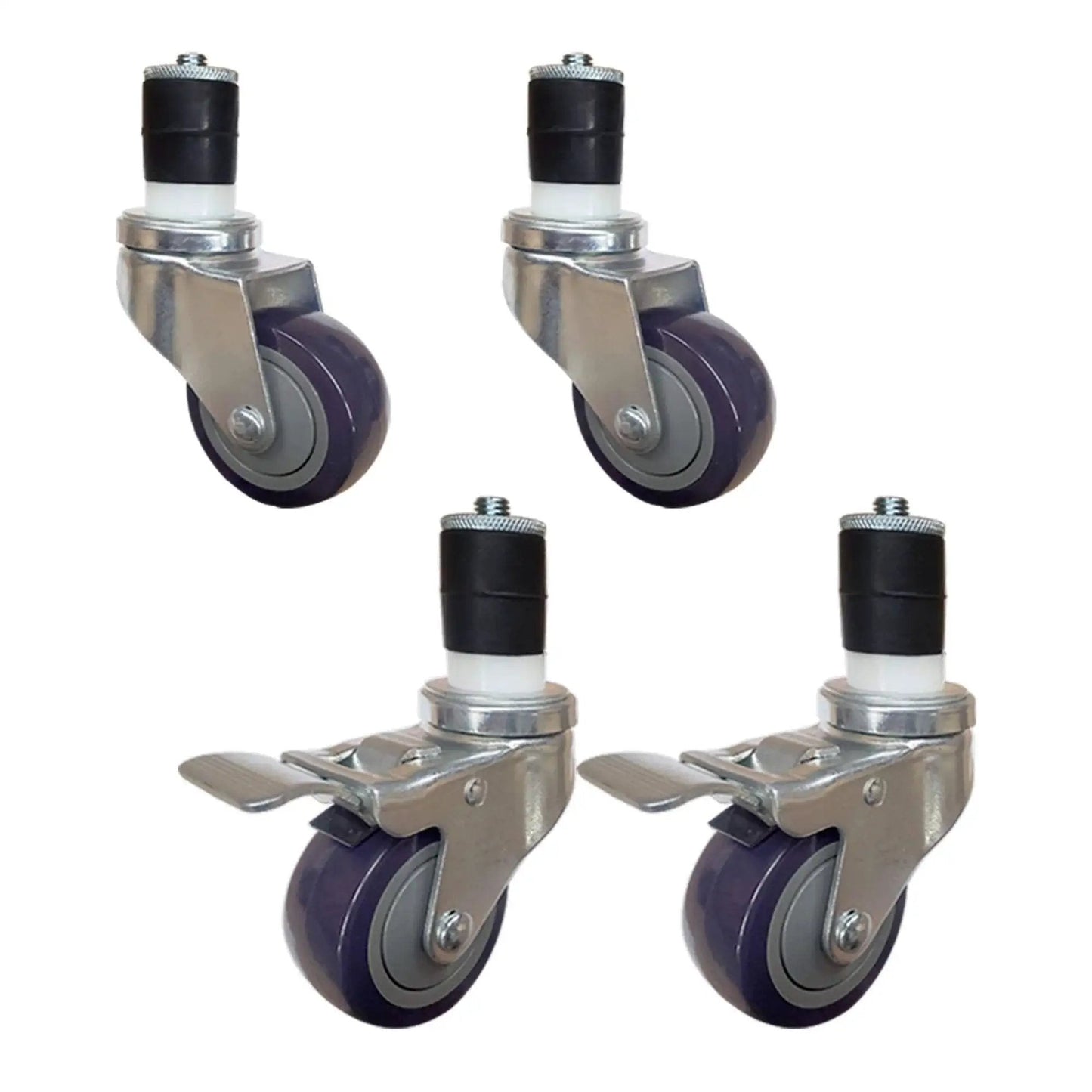 Set of 4 three-inch casters for stainless steel work tables, includes 2 brake wheels and 2 swivel wheels, heavy duty, durable