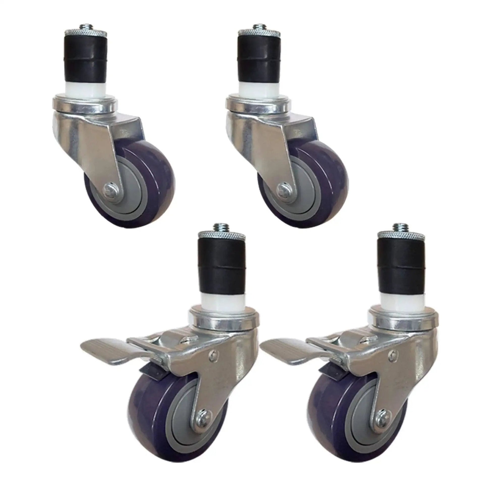 Set of 4 three-inch casters for stainless steel work tables, includes 2 brake wheels and 2 swivel wheels, heavy duty, durable