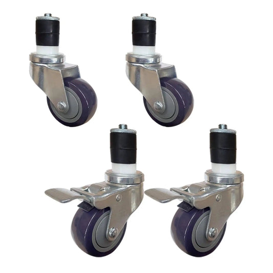 Set of 4 three-inch casters for stainless steel work tables, includes 2 brake wheels and 2 swivel wheels, heavy duty, durable