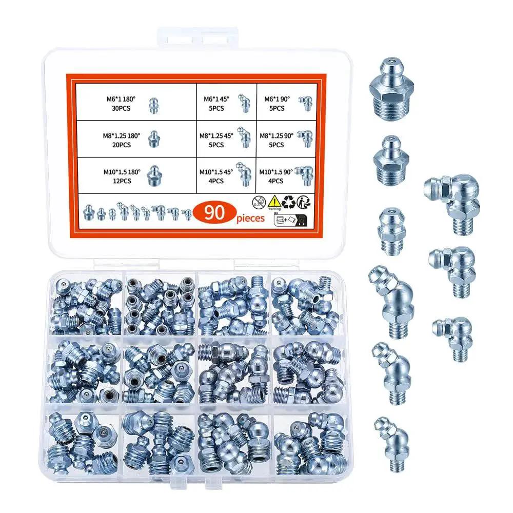 90 Piece Grease Fitting Assortment Kit M6 M8 M10 45 90 180 Degree Zerk Fittings Set with Storage Box for Automotive & Industrial Use