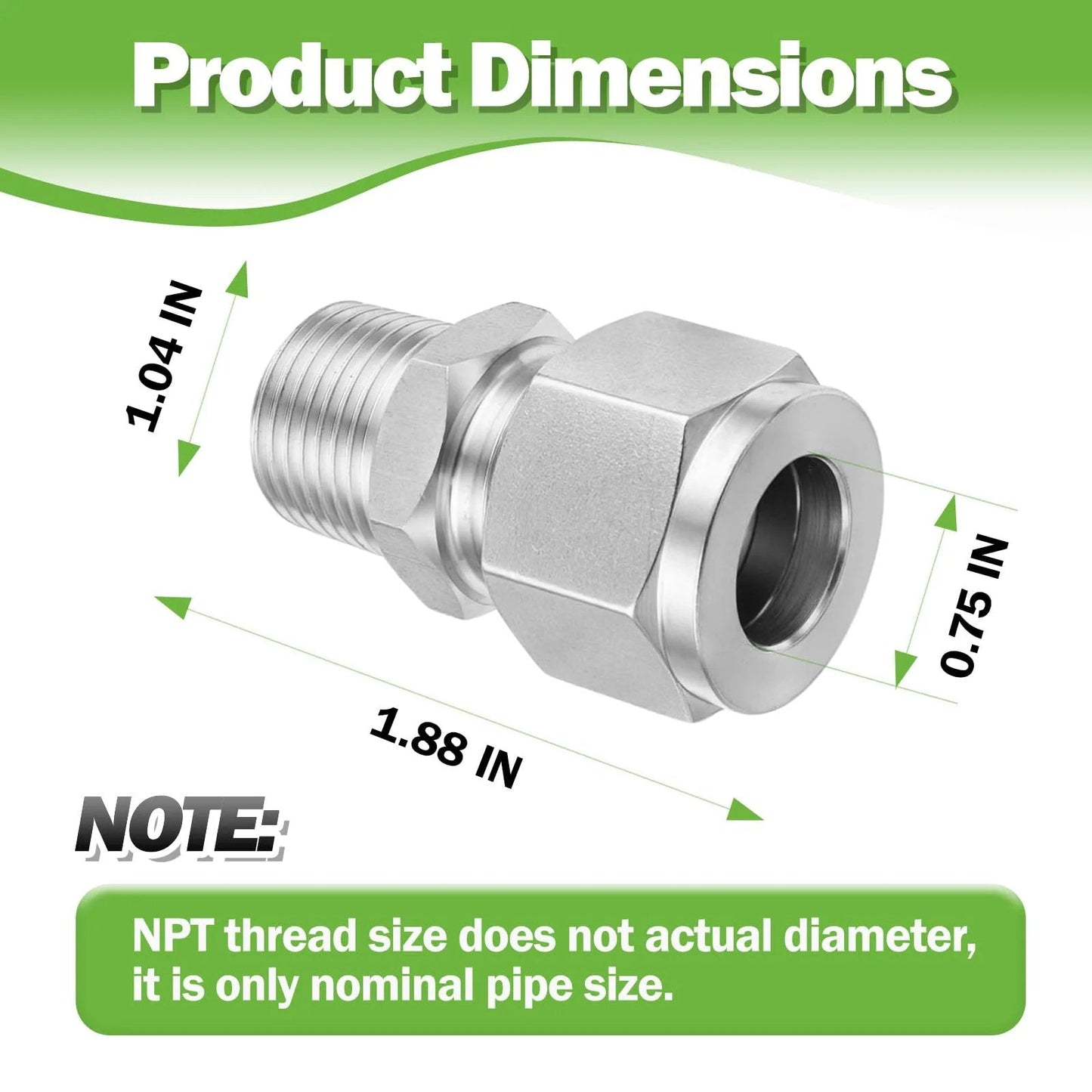 Premium 304 Stainless Steel Compression Adapter Pack Of Two For Three Quarter Inch Outer Diameter To Three Quarter Inch NPT Male Tube Fittings Built To Last In Water Oil And Air Lines Goldpea showcasing dimensions.