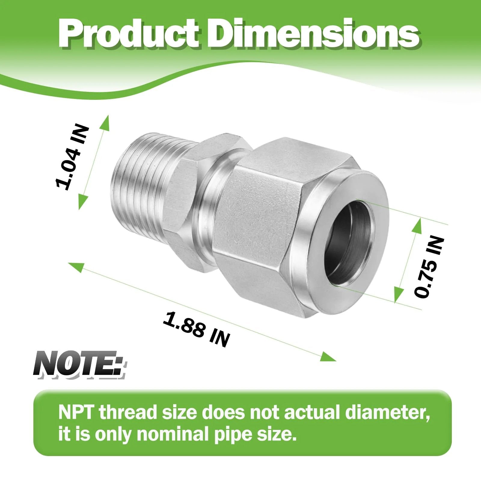 Premium 304 Stainless Steel Compression Adapter Pack Of Two For Three Quarter Inch Outer Diameter To Three Quarter Inch NPT Male Tube Fittings Built To Last In Water Oil And Air Lines Goldpea showcasing dimensions.