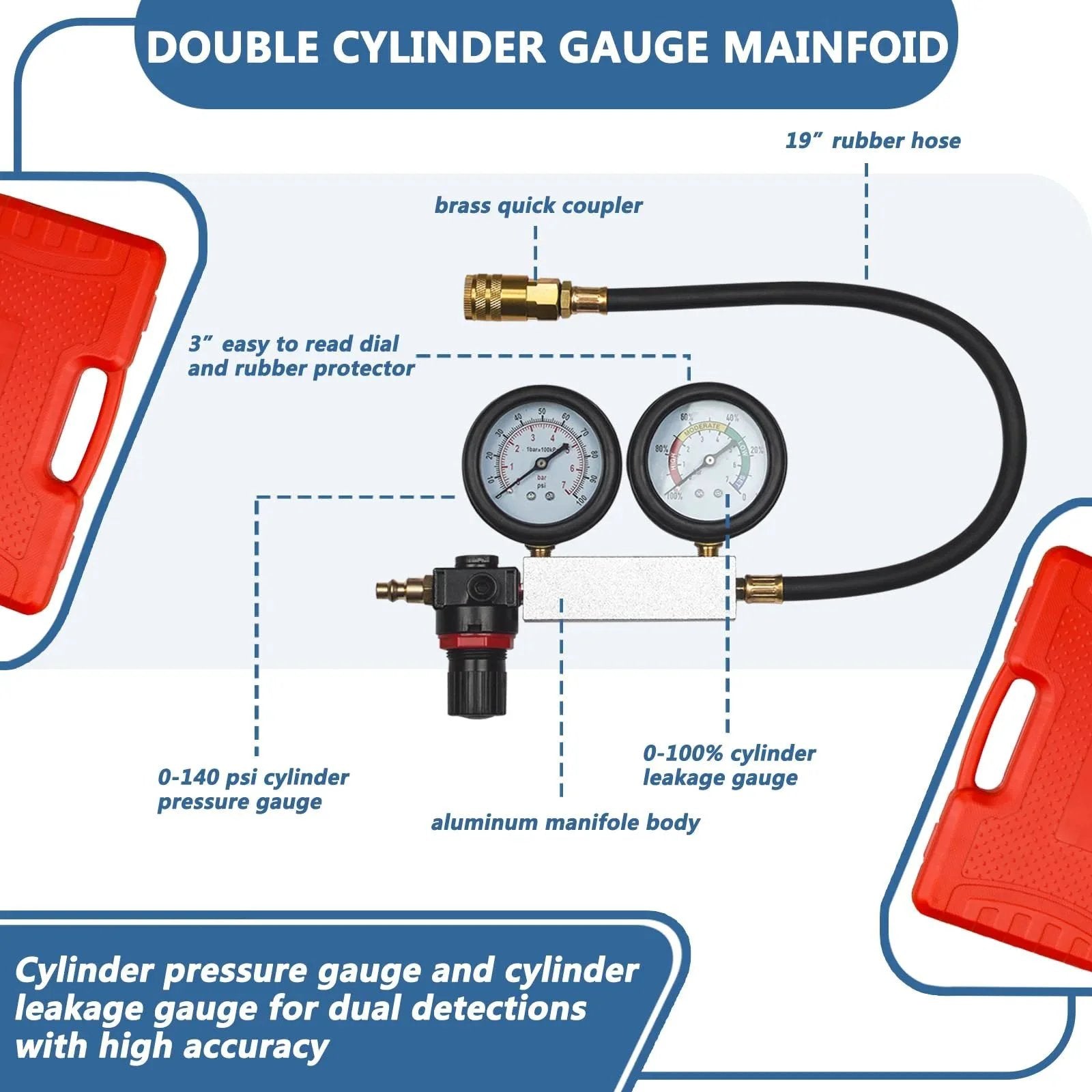 Compression Leakdown Tester Kit For Gasoline Engines Handor Dual Gauge With Universal Connectors And Adapters 3 In 1 Diagnostic Tool