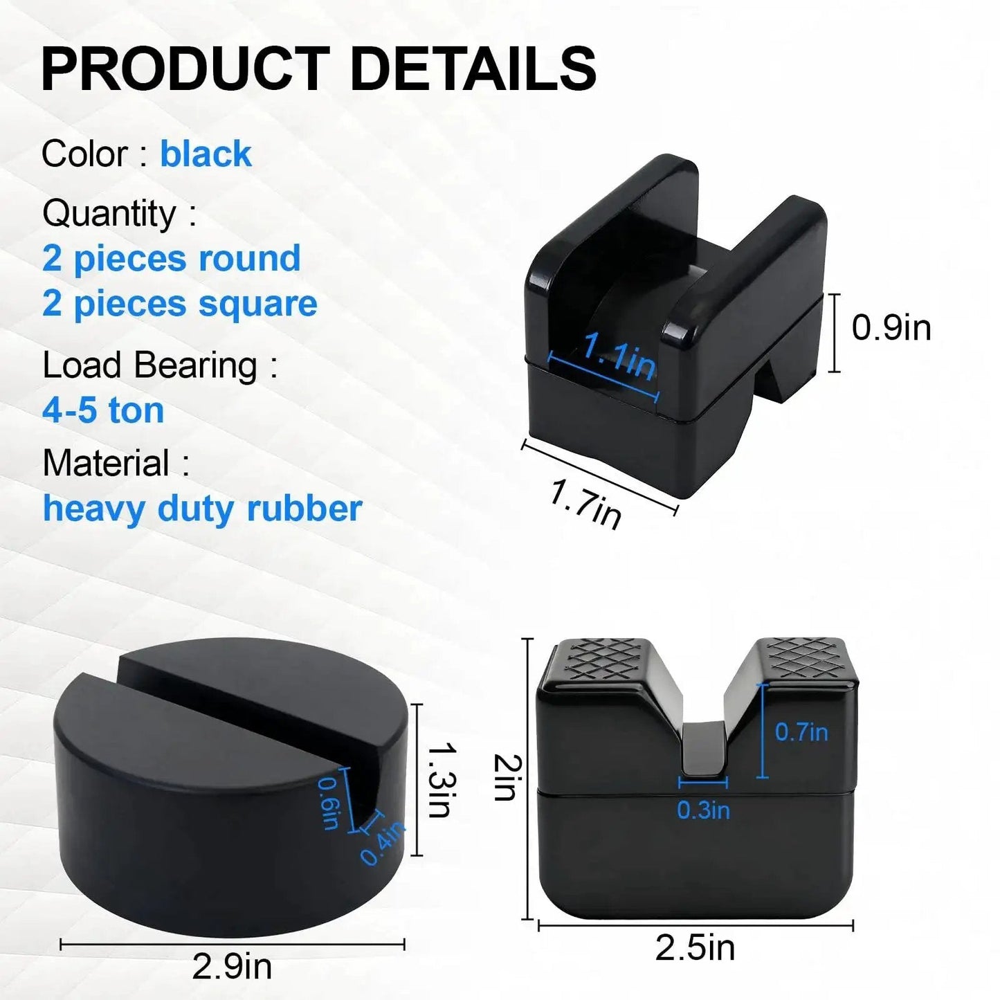 Universal Rubber Jack Stand Pads And Adapters For Pinch Weld Frame Rails 4 Pack shown in black heavy duty rubber, with dimensions.
