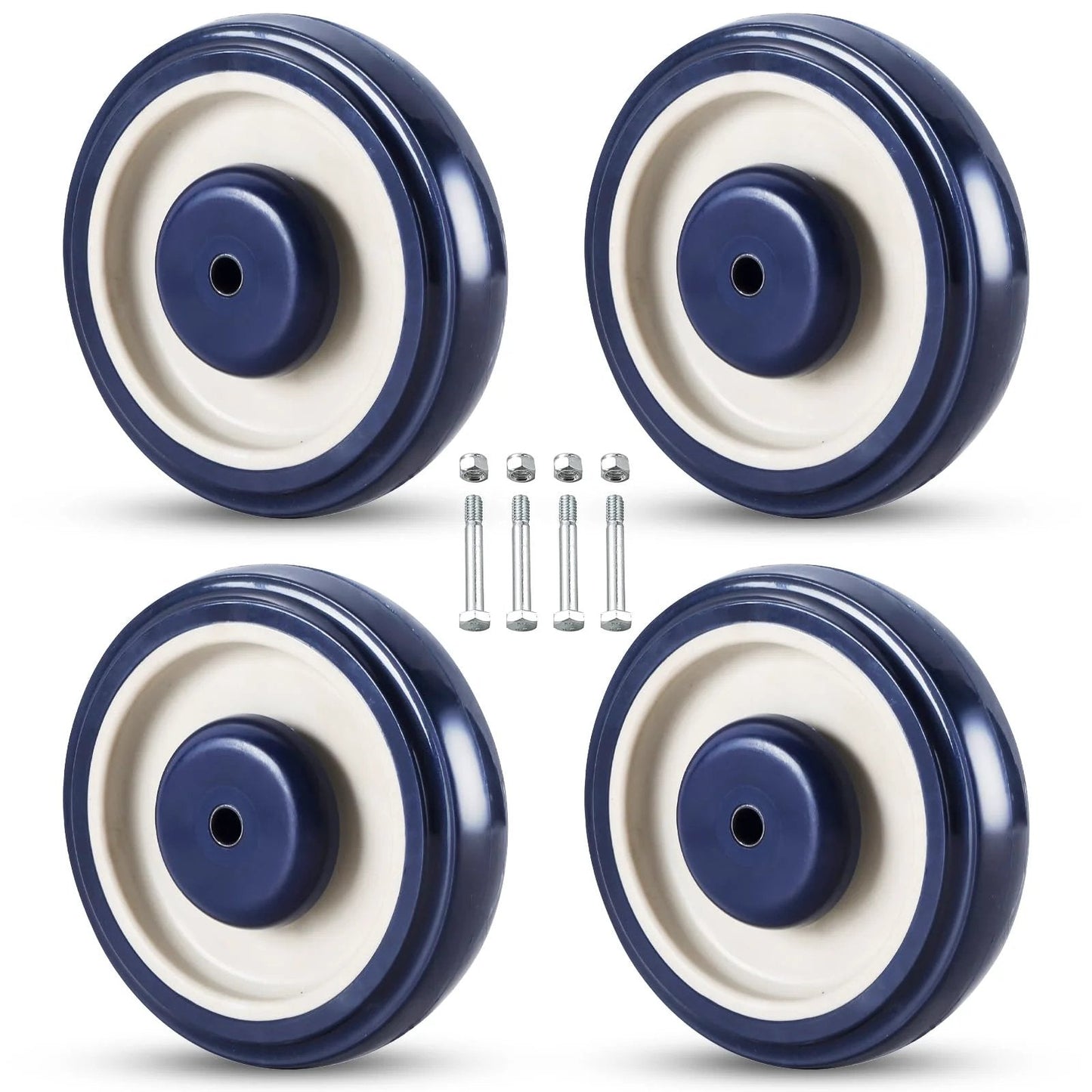 4 Pack 5 Inch Shopping Cart Replacement Wheels Kit With Axles And Bolts, Polyurethane Stepped And Full Tread Face, Double Ball Bearing, Blue, Smooth Quiet Roll For Indoor And Outdoor Use